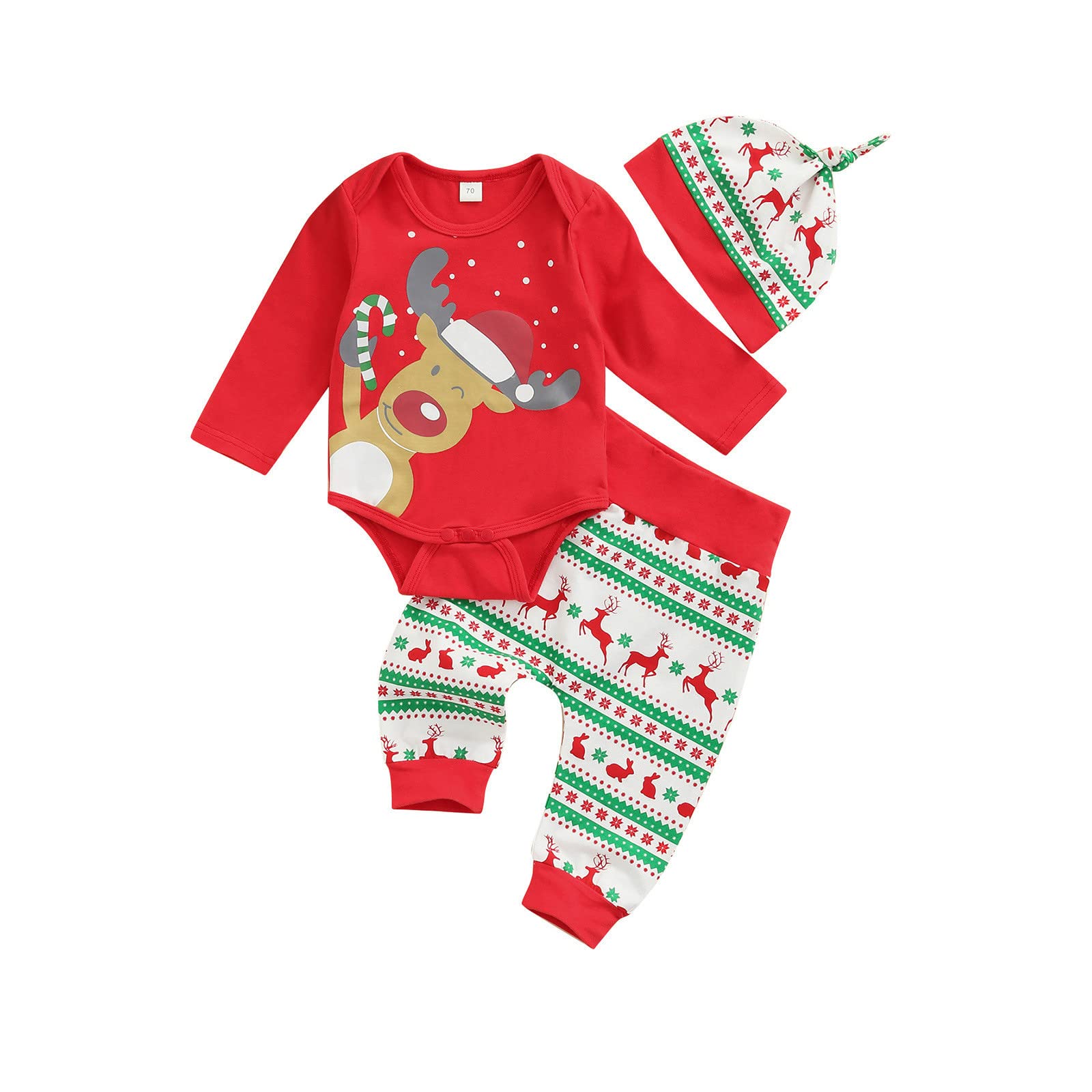Xbgqasu Baby Girls' Christmas Print Cotton Long Sleeve Romper Jumpsuit & Hat Set - Red 9-12 Months | Warm Winter Outfit for Newborn Infant Girls | Perfect for Holiday Photos, Family Gatherings & Cozy Winter Days
