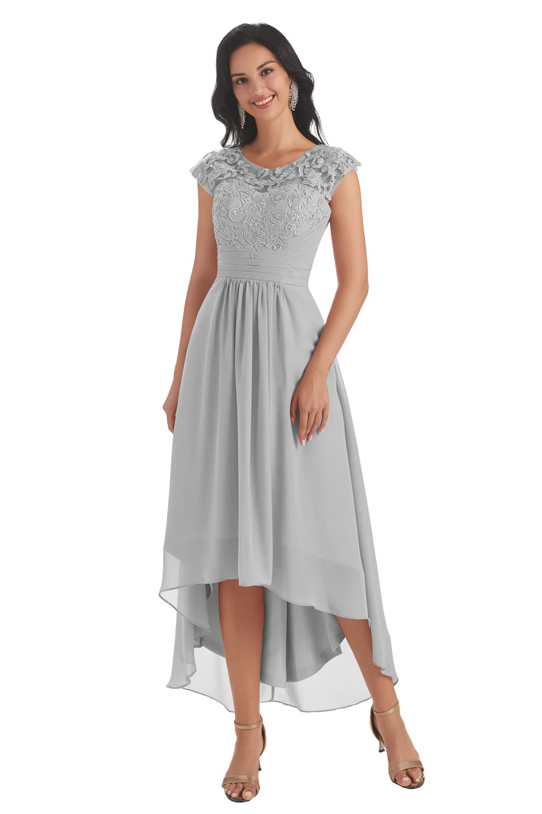 Elegant Tea Length Mother of The Bride Dress with Pockets - 2022 Wedding Guest Dress with Lace Appliques & Chiffon High-Low Hem - Perfect for Formal Weddings, Receptions & Special Occasions