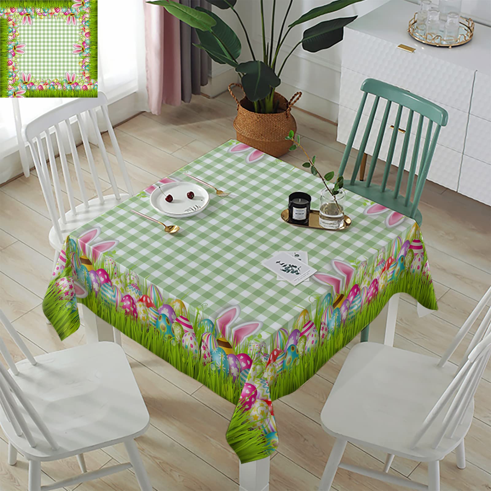 Easter Waterproof Tablecloth 54x54 Inch - Green Plaid Design with Easter Eggs & Bunny Pattern, Washable Square Dining Table Cover for Spring Party Decor, Outdoor Picnic & Holiday Celebrations