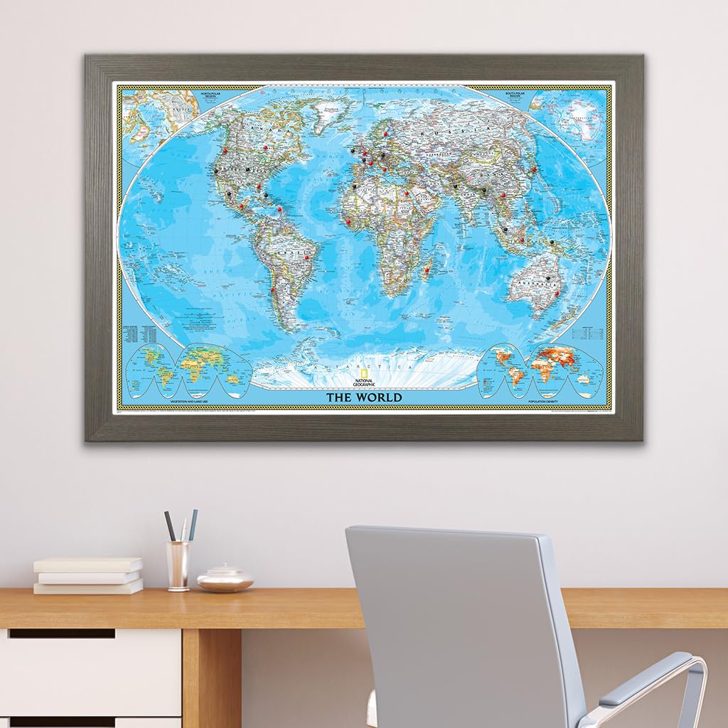 Push Pin Travel Map - Classic World Barnwood Gray with 150 Pins for Tracking Adventures - 27.5