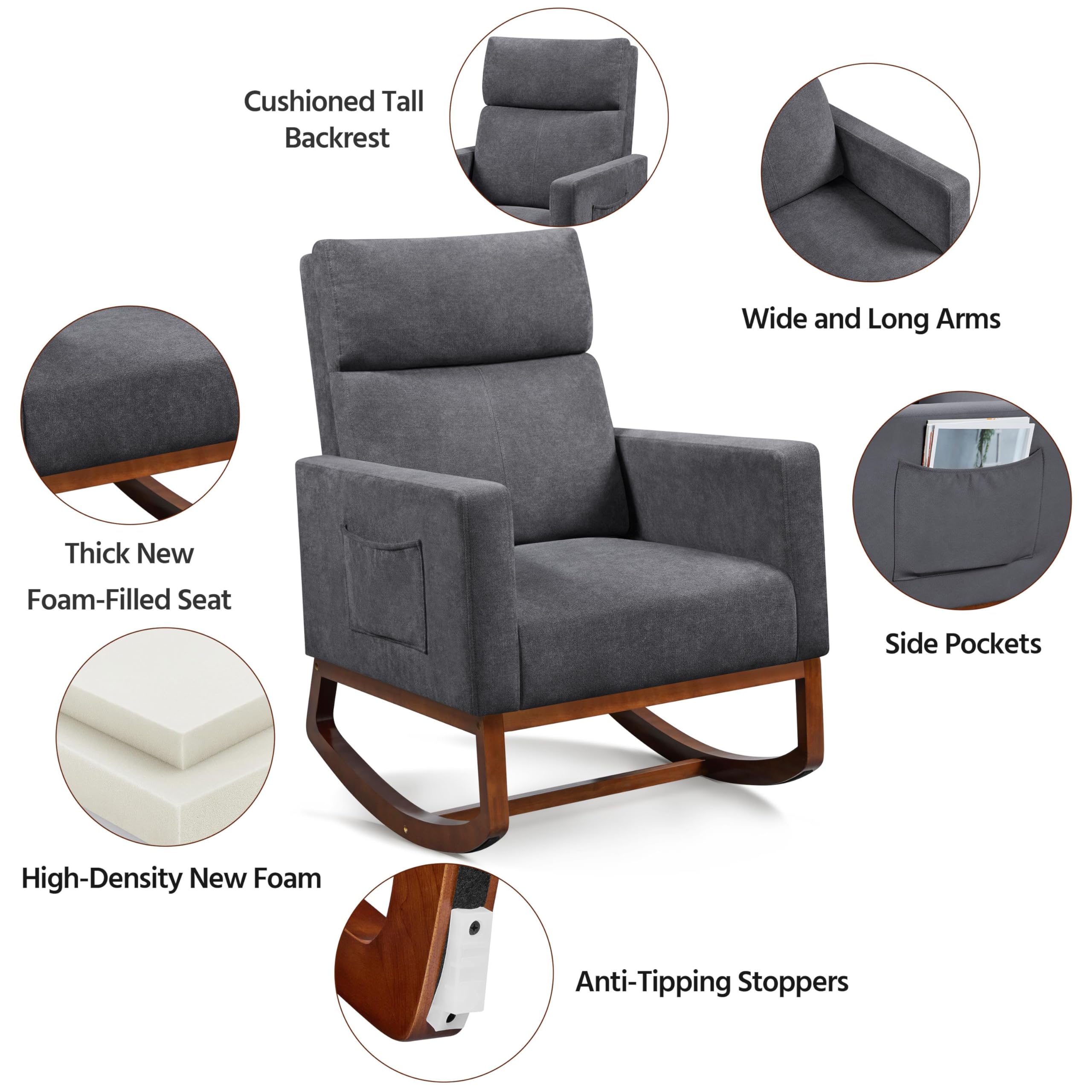 Yaheetech Upholstered Nursery Rocking Chair with Side Pocket - High Backrest, Rubber Wood Legs - Glider Rocker for Living Room, Bedroom, Nursery - Gray (2-Pack) - Perfect for Nursing, Relaxing & Nursery Decor