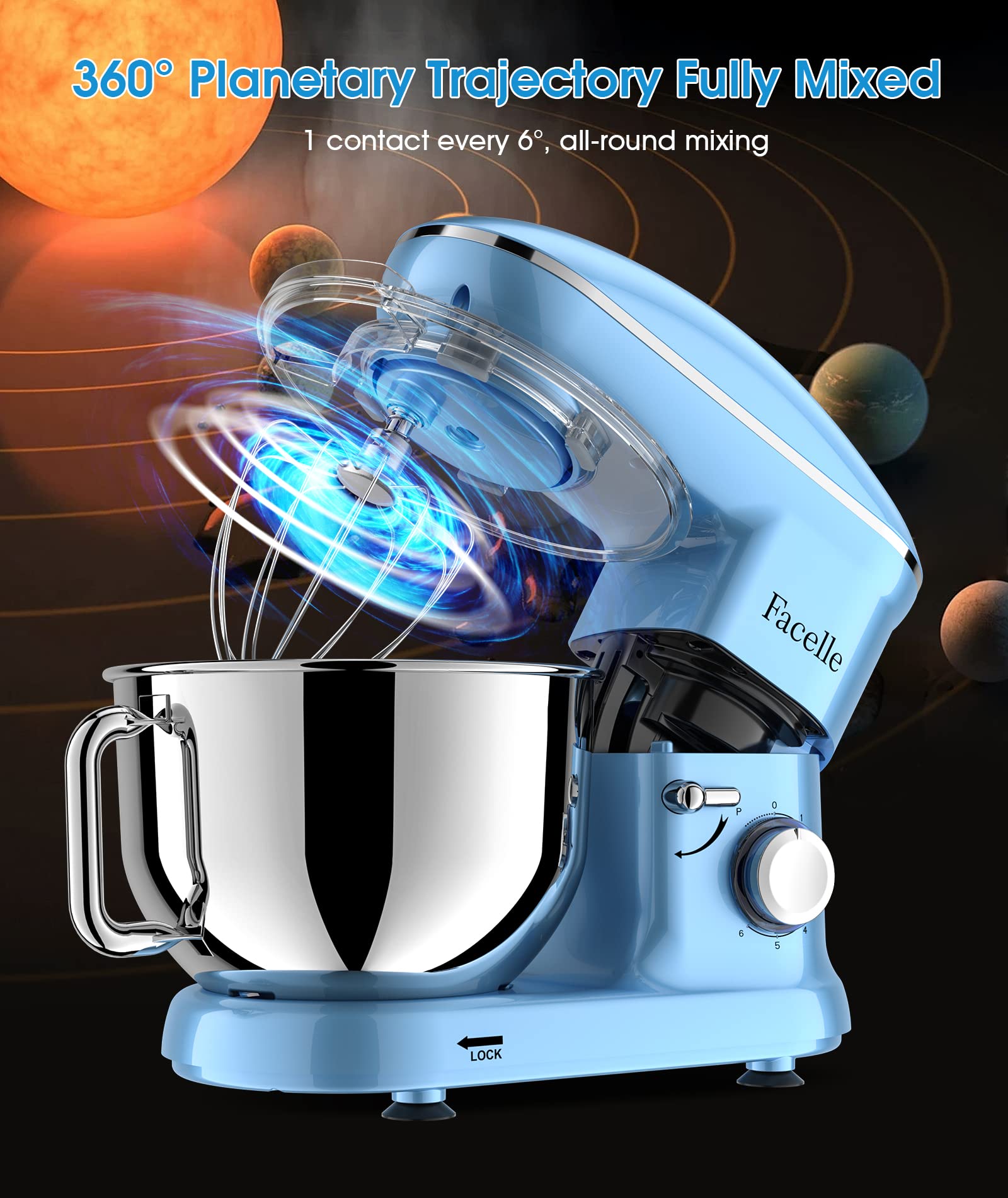 Facelle 660W 6-Speed Stand Mixer - Tilt-Head Electric Kitchen Mixer with Pulse Function, Includes 6.5QT Bowl, Dough Hook, Whisk & Dishwasher-Safe Beater - Perfect for Baking Cakes, Cookies, Bread & Pastries - Blue