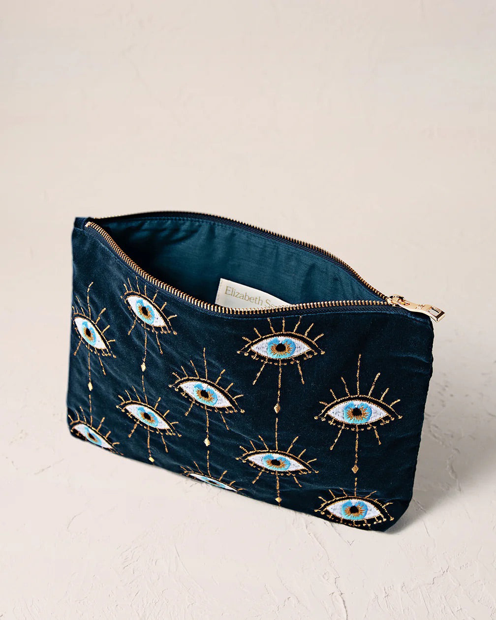Elizabeth Scarlett Velvet Everyday Pouch - Ink Blue Mystical Eye Design | Small Makeup Bag, Travel Organizer & Jewelry Case | Perfect for Cosmetics, Accessories & On-the-Go Essentials