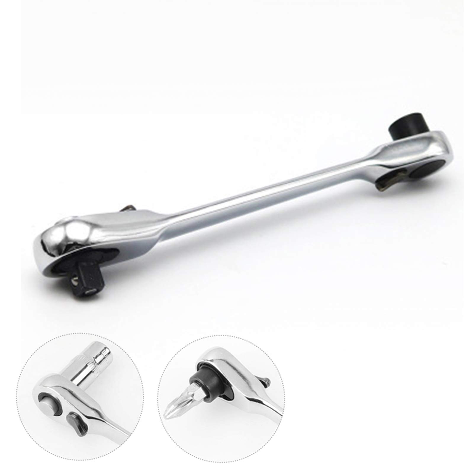 1/4 Inch Mini Double Headed Ratchet Wrench Set - 72 Tooth Drive, 5° Quick Release Rotator with Socket & Screwdriver Bits - Silver (Perfect for Tight Spaces, Automotive Repair & DIY Projects)