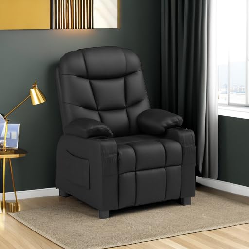 Costzon Kids Recliner Chair with Cup Holder & Footrest - Adjustable Leather Lounge Chair for Boys & Girls with Side Pockets - Ergonomic Toddler Furniture Sofa for Bedroom, Playroom & TV Time (Black)