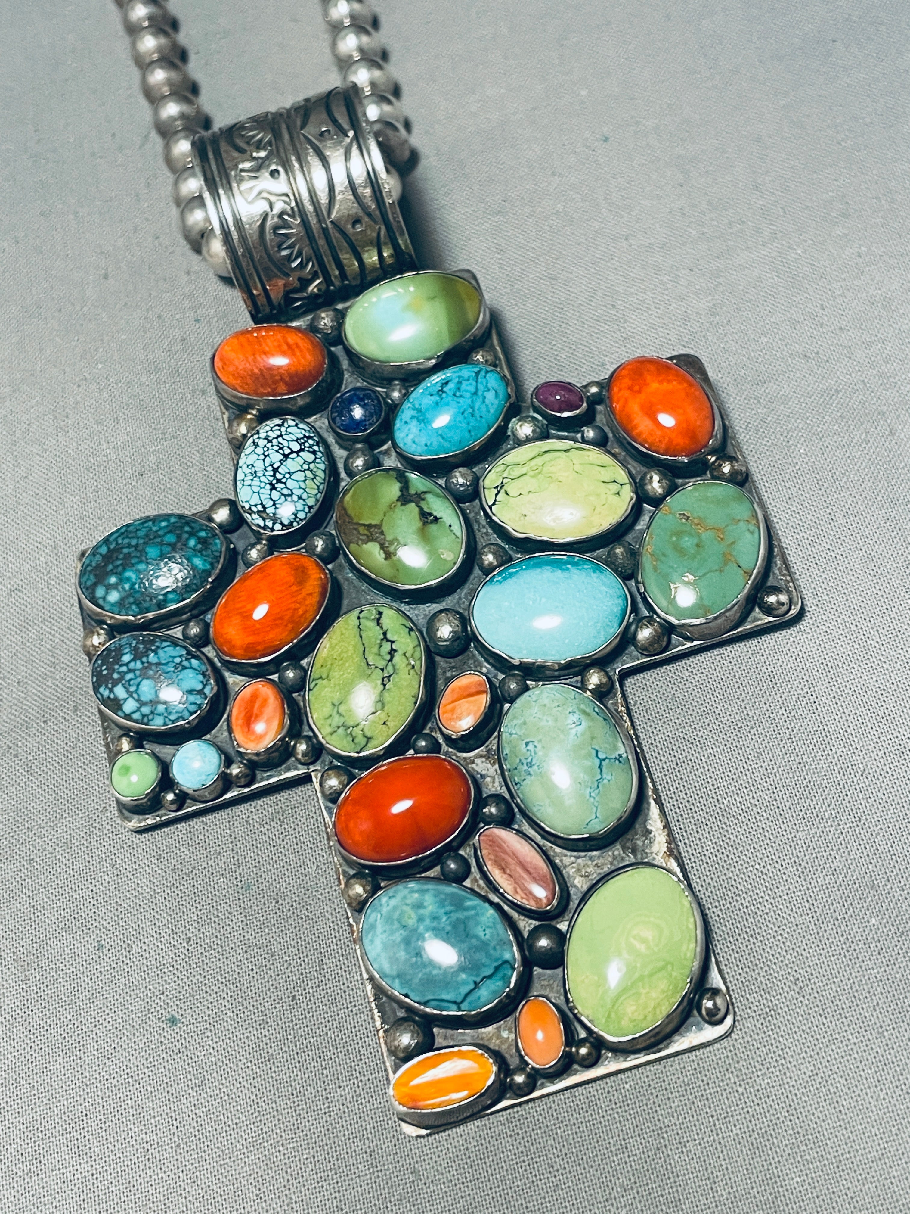 131 Grams Vintage Native American Navajo Turquoise Sterling Silver Cross Necklace - Handmade Southwest Jewelry for Women - Perfect for Boho Fashion, Gift Giving & Special Occasions