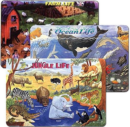 Farm, Ocean & Jungle Animal Placemats - Set of 3 Reusable Wipe-Off Mats for Kids | Fun Dining & Learning Activity for Toddlers & Preschoolers