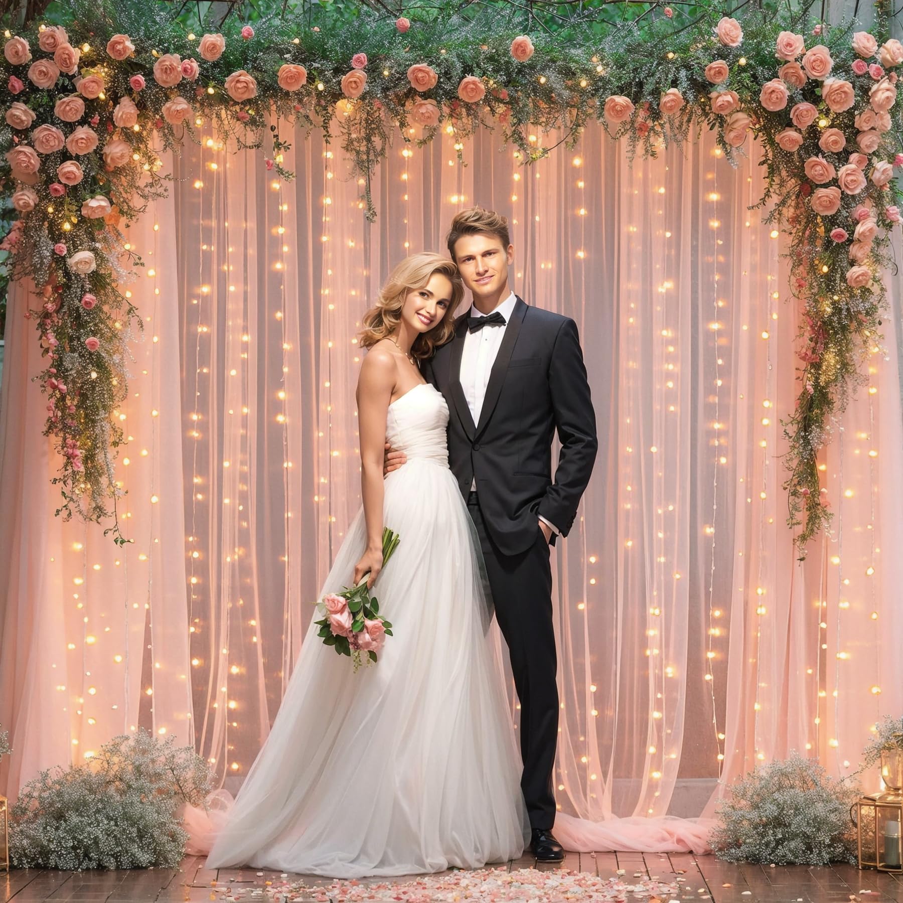 10×10ft Peach Tulle Backdrop Curtain with Fairy Lights - Sheer Wedding Party Decor, Photo Booth Background, Baby Shower & Home Decoration - Elegant Drapes for Indoor/Outdoor Events