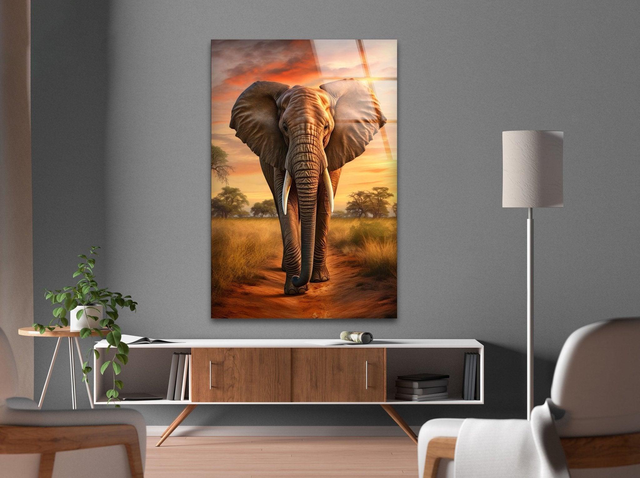 African Elephant Glass Wall Art - Handcrafted Home Decor for Living Room, Bedroom & Office - Perfect for Nature Lovers & Safari Theme Interior Design