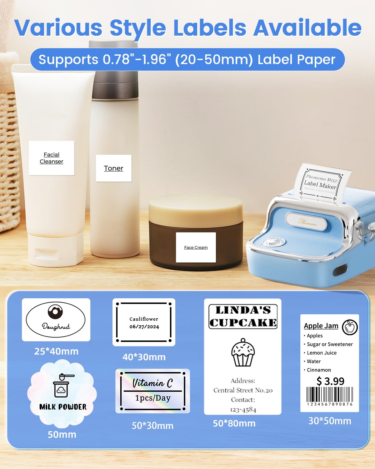 Phomemo M150 Bluetooth Label Maker Machine - 2 Inch Thermal Sticker Printer for Home & Office Organization, Small Business Inventory, Shipping Labels | 2025 Upgraded Model | iOS & Android Compatible | Includes 1 Pack 40x30mm Labels | Perfect for Pantry Organization, File Sorting & Package Labeling