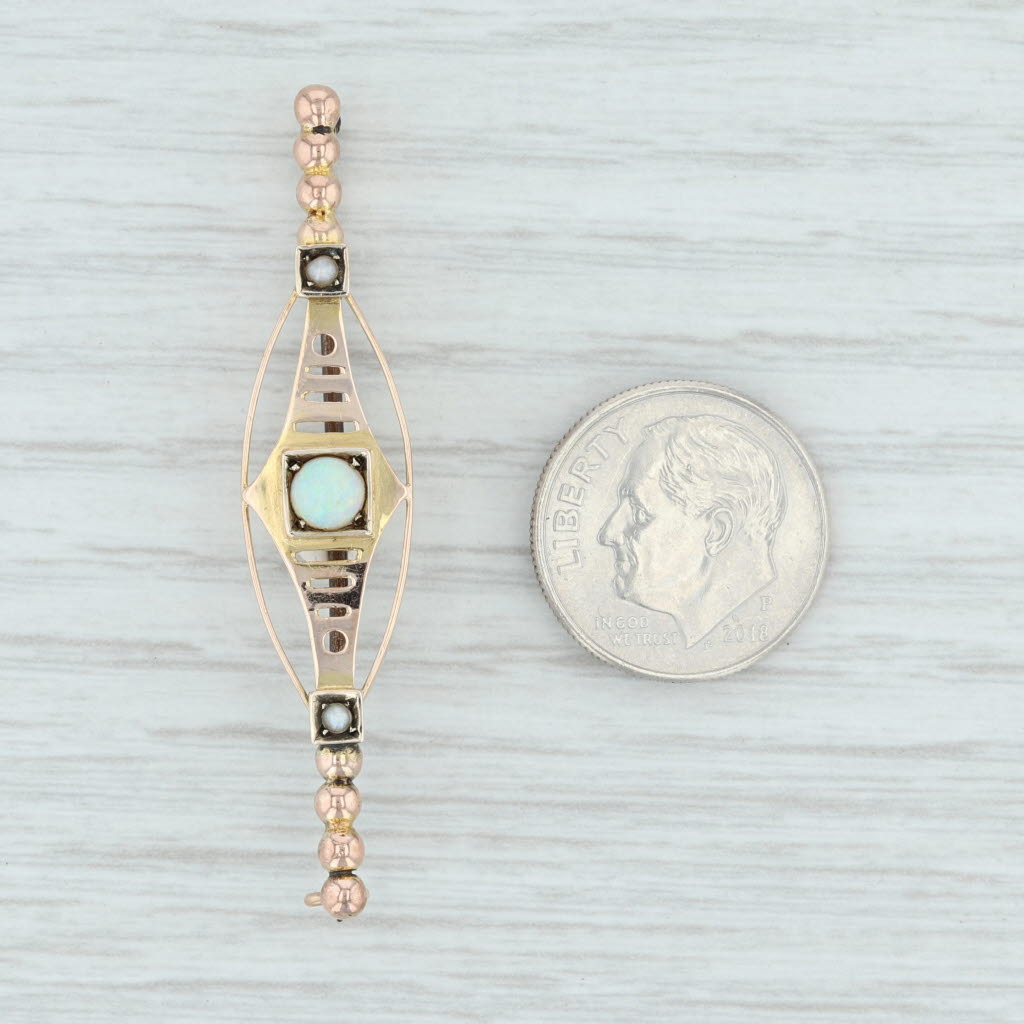 Antique Art Nouveau 10k Yellow Gold Opal & Pearl Bar Brooch Pin - Vintage Jewelry c.1900 for Wedding, Bridal & Special Occasions