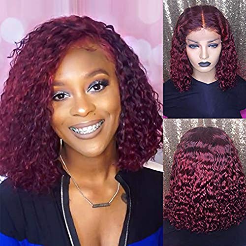 13x6 Ombre Short Curly Bob Lace Front Human Hair Wig - 1B/99j Transparent Glueless Lace Remy Hair Wig for Black Women (12 Inch) - Perfect for Daily Wear, Parties & Protective Styling