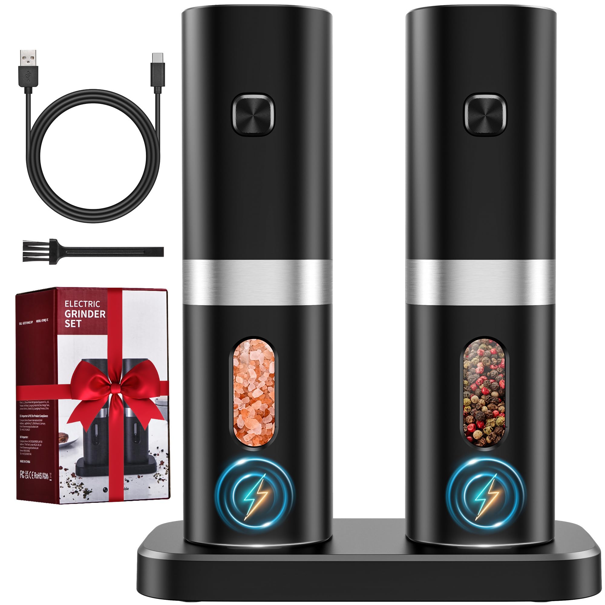 Premium Electric Salt and Pepper Grinder Set - Rechargeable Automatic One-Hand Operation with LED Light & Charging Base - 2 Pack Black Spice Mills for Kitchen, Dining Table, Camping & Gifts