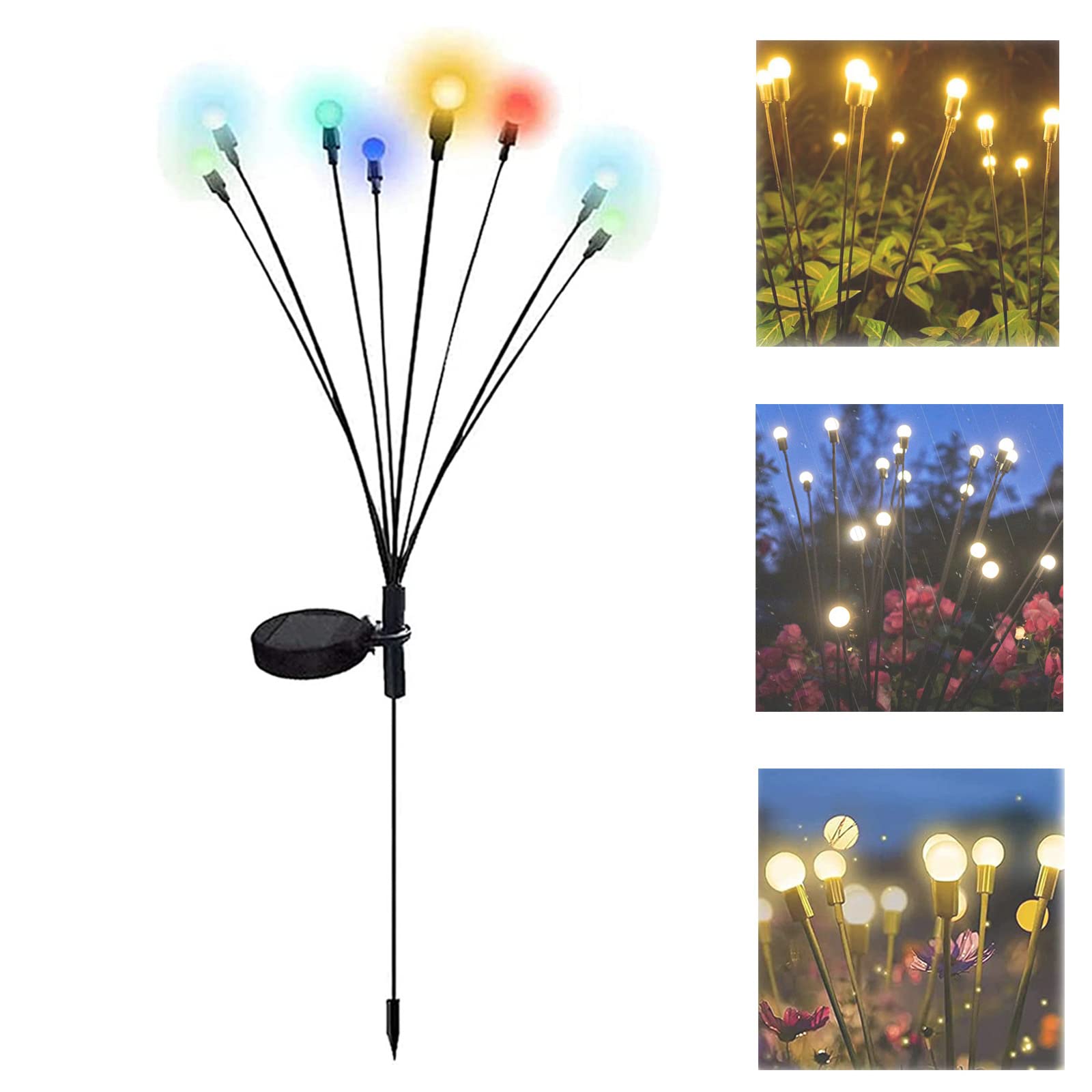 8 LED Solar Powered Firefly Lights - Waterproof Outdoor Solar Garden Lights with Starburst Swaying Effect, Wind-Activated Decorative String Lights for Patio, Yard, Pathway (1 Pack, Multicolor) - Perfect for Backyard Parties, Wedding Decor & Landscape Lighting