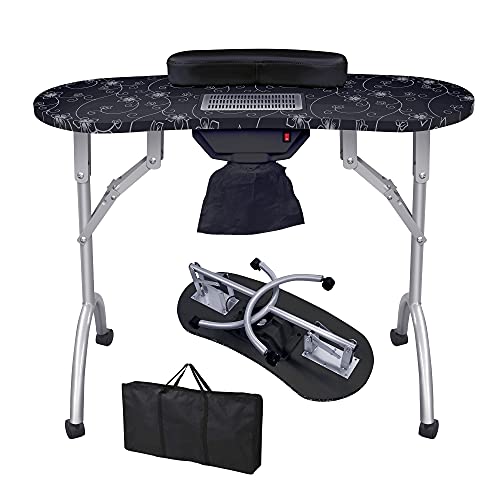 Yapeach Portable Folding Nail Table - MDF Manicure Desk with Dust Collector, Fan & Storage Drawer | Home Spa & Salon Nail Tech Station | Includes Wrist Cushion & Carry Bag for Mobile Beauty Services