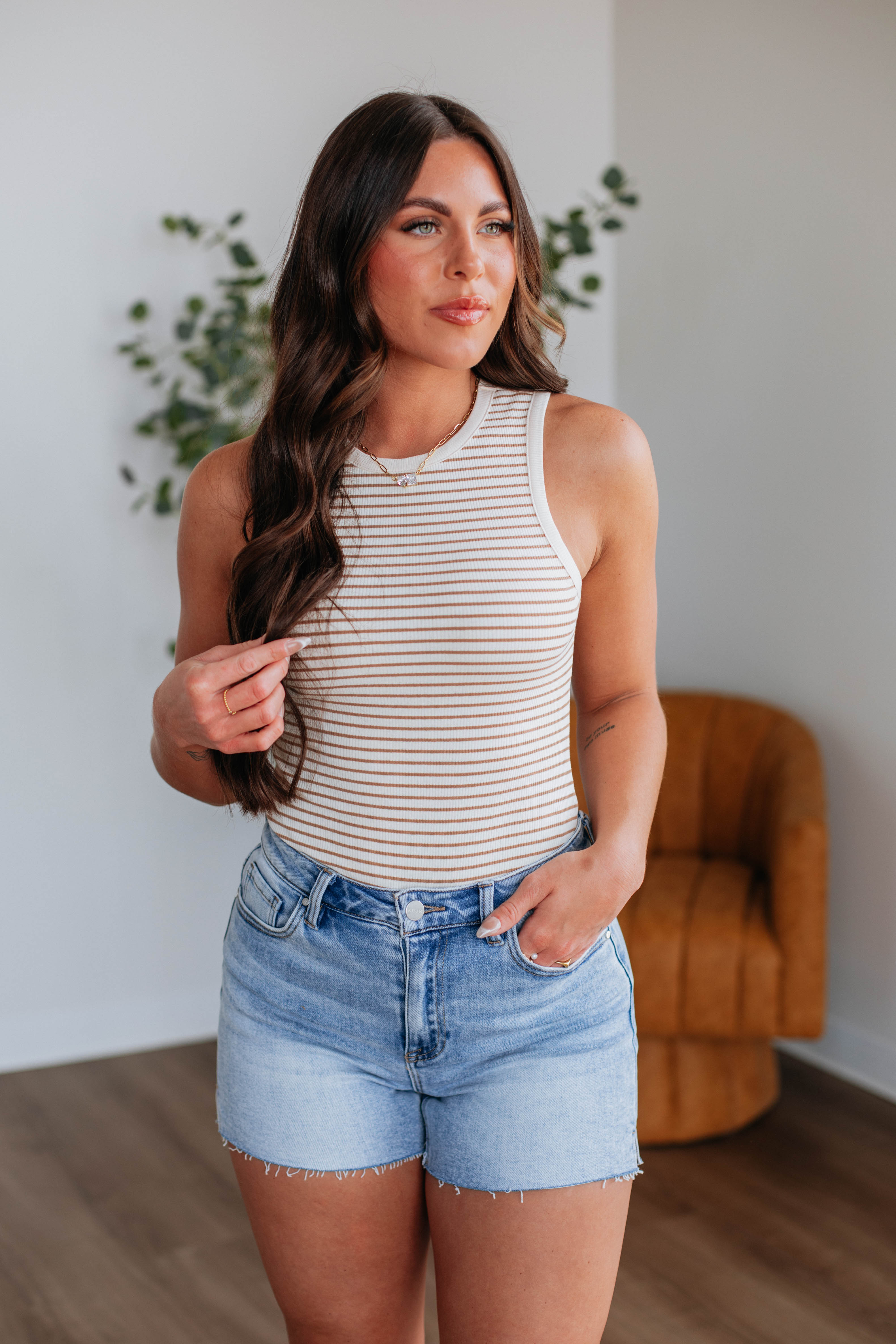 April Striped Bodysuit for Women - Soft Stretchy Tan Mix Camisole Top | Perfect for Layering, Casual Outfits & Everyday Wear