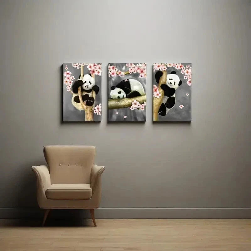3-Piece Cute Panda Bear Metal Wall Art Prints - Ready to Hang Home Decor for Living Room, Bedroom & Nursery | Modern Animal Painting for Kids & Adults