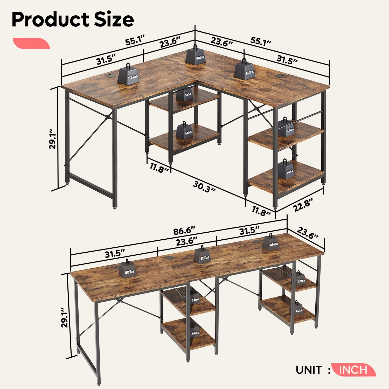 Bestier 86.6 Inch L-Shaped Desk with Shelves - Reversible Corner Computer Desk for Home Office, Gaming & Study | Large Workstation with Storage & 3 Cable Holes | Rustic Brown Finish | Perfect for Small Spaces & Shared Workspaces
