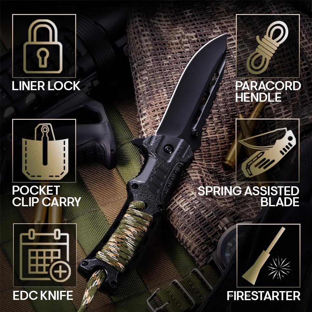 Spring Assisted Pocket Knife for Men - Tactical Folding Blade with Fire Starter, Whistle & Paracord Handle | Survival Tool for Hiking, Hunting, Camping | Perfect Gift for Dad, Husband, Outdoorsmen | Emergency Preparedness & Everyday Carry (EDC) Use