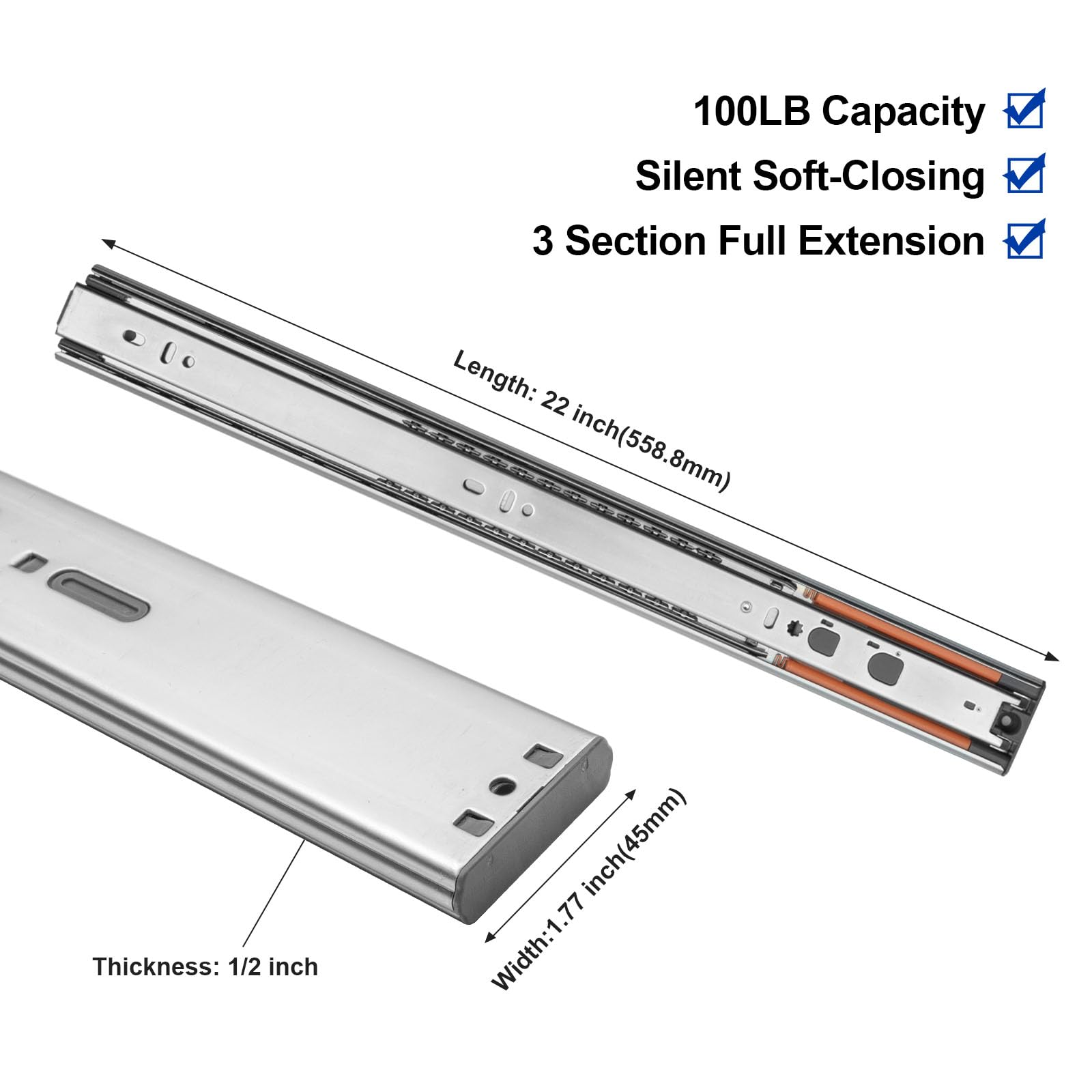 10 Pairs Heavy Duty 22 Inch Drawer Slides - Push to Open Soft Close, Full Extension Ball Bearing Cabinet Rails (100 LB Capacity) - Perfect for Kitchen Cabinets, Office Furniture & Storage Organization