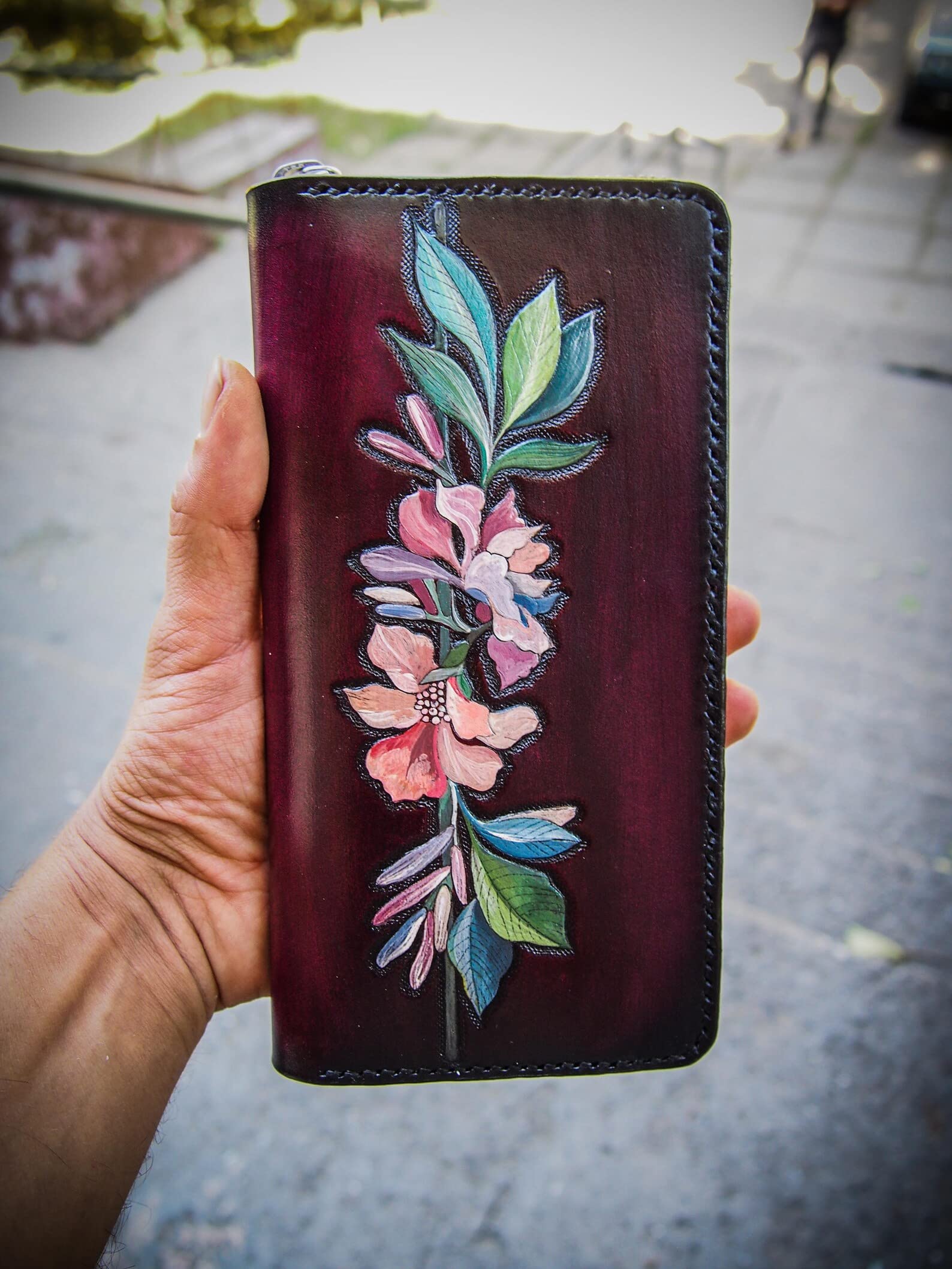 Men's 3D Genuine Leather Wallet - Floral Carved Zip Biker Clutch Wallet with Airbrush Art | Handmade Custom Personalized Tooled Leather Wallet for Everyday Use, Travel & Gift Giving