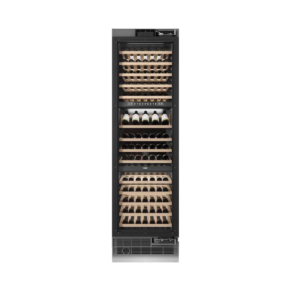 ZLINE Autograph Edition 24 Inch 12.4 Cu Ft Triple Zone 100 Bottle Panel Ready Column Wine Cooler with Champagne Bronze Accents - Perfect for Home Bars, Wine Cellars, and Entertaining Spaces (RBCWVZ 24 CB)
