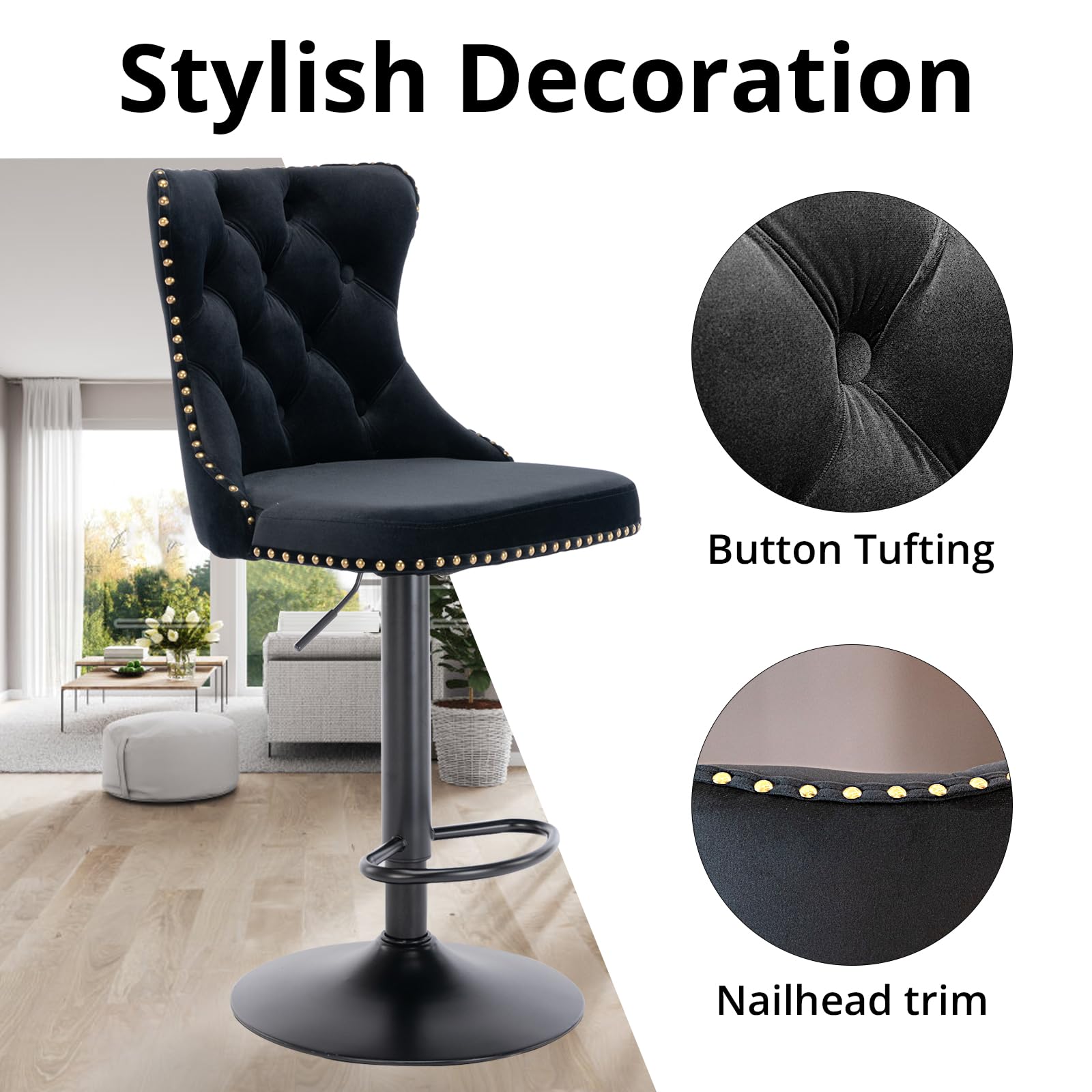 i-POOK Swivel Bar Stools Set of 2 - Adjustable Counter Height Barstools with Nailheads Trim, Button Tufted Back & Footrest - Velvet Dining Chairs for Kitchen Island, Home Bar, Restaurant & Cafe - Black Modern Bar Stools for Indoor & Outdoor Use