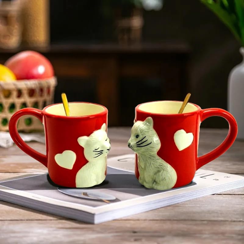 TDL Kissing Cat Coffee Mugs Set of 2 - Cute Matching Ceramic Cups with 3-Finger Loop Handles for Easy Grip, Dishwasher Safe, 3.25