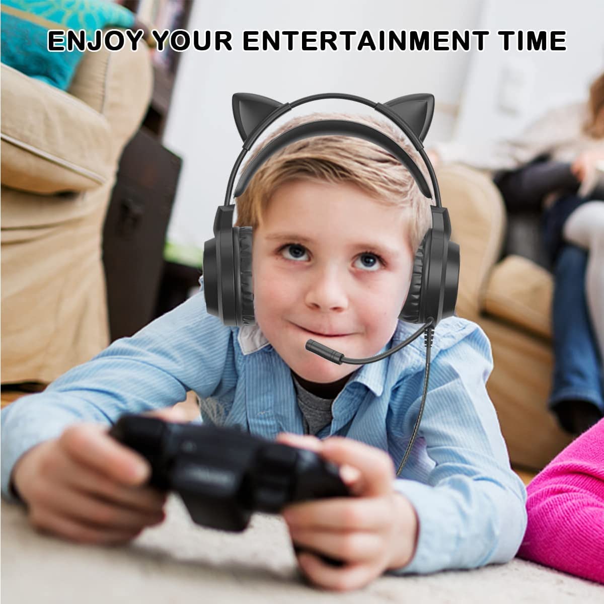 Cat Ear Gaming Headset with Removable Ears - Wired 3.5mm Headphones with Adjustable Mic, Extendable Padded Headband, Noise Cancelling & RGB Lights for Xbox/PS4/Switch/Mac/Phone (Green) - Perfect for Streamers & Gamers