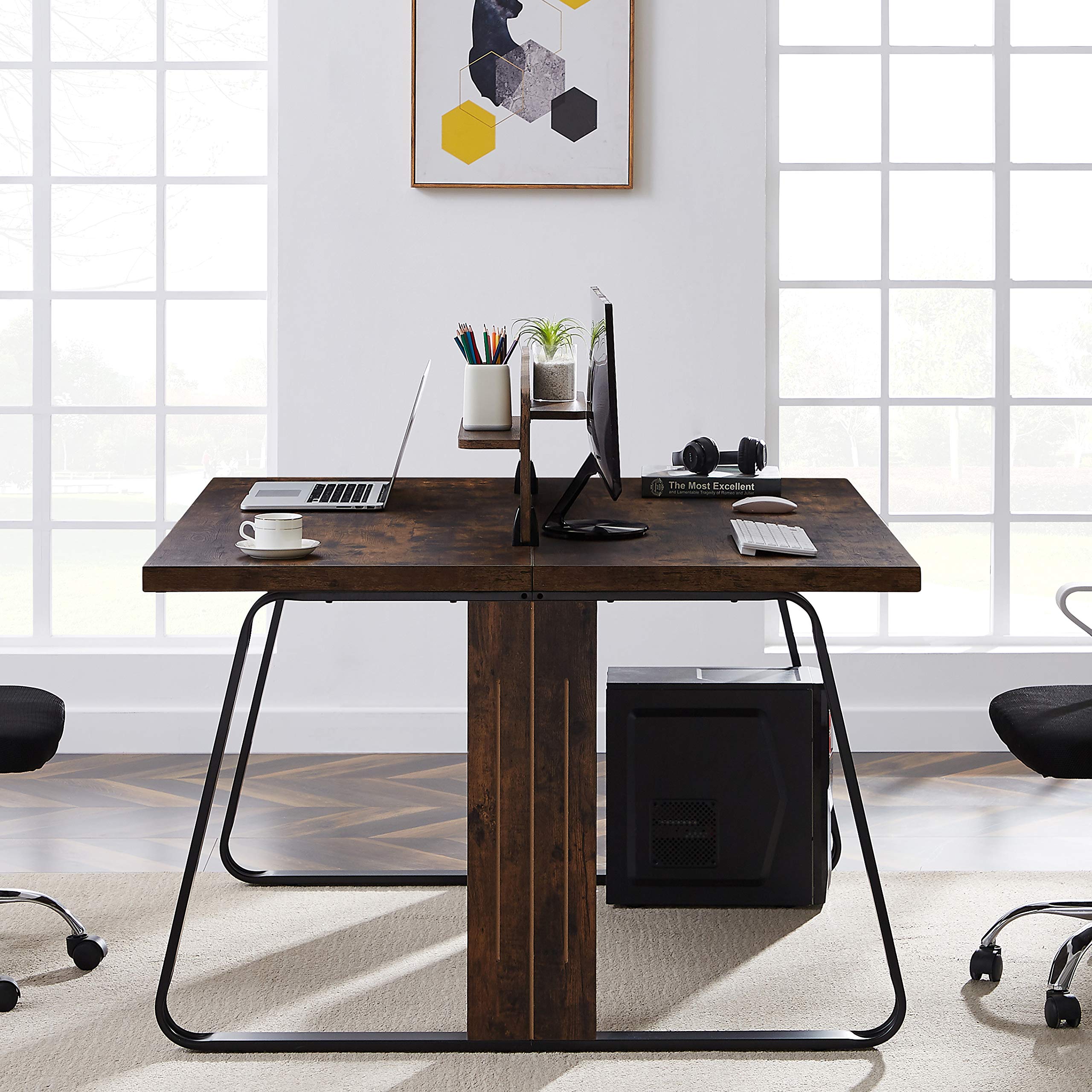 Industrial Double Office Desk - MDF Large Workstation for Two with PC & Laptop Space | Home Office Computer Desk & Study Table | Perfect for Shared Workspaces, Remote Work & Small Business Setups