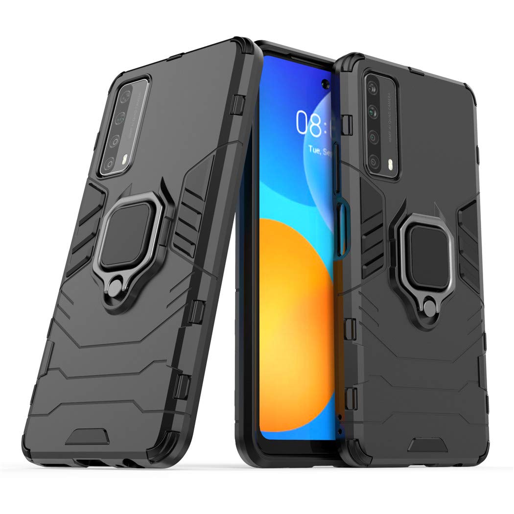 Premium Shockproof Dual Layer Rugged Case for Huawei P Smart 2021 & Y7a - Metal Ring Grip with Kickstand | Compatible with Magnetic Car Mount | Durable Hard Bumper Protective Cover (Black) - Perfect for Outdoor Activities, Travel & Daily Protection