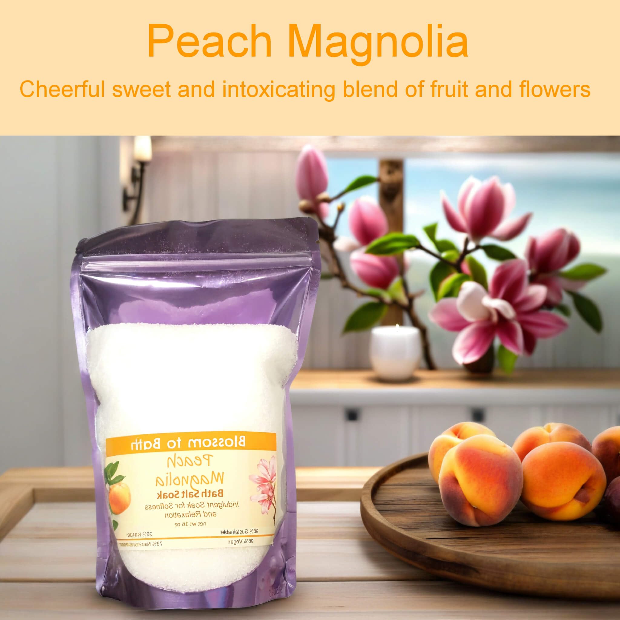 Peach Magnolia Bath Salt Soak - 16oz Phthalate-Free Relaxing Bath Soak with Fresh Fruity Scent - Perfect for Stress Relief, Self-Care & Spa Nights at Home