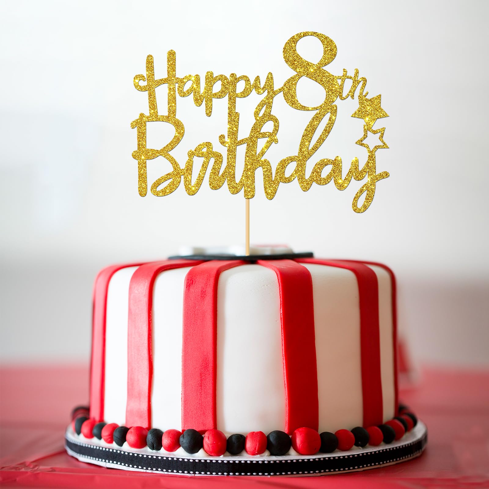 Gold Glitter Happy 8th Birthday Cake Topper - 8 Sign Cake Decoration - Cheers to 8 Years Party Supplies - 8th Birthday Party Decorations for Girls & Boys - Perfect for Birthday Cakes, Cupcakes & Dessert Tables