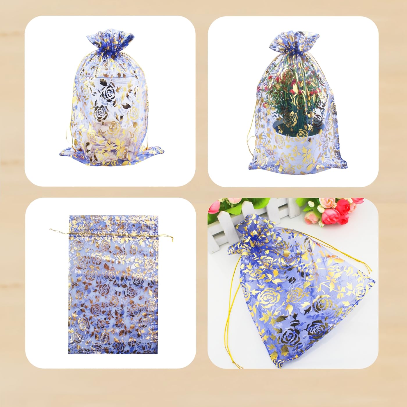 8 x 12 Inch 100-Pack Royal Blue Floral Organza Drawstring Bags - Jewelry Gift Pouch, Wedding Favor Bags, Candy Pouch for Party Favors, Bridal Shower, Baby Shower and Special Events