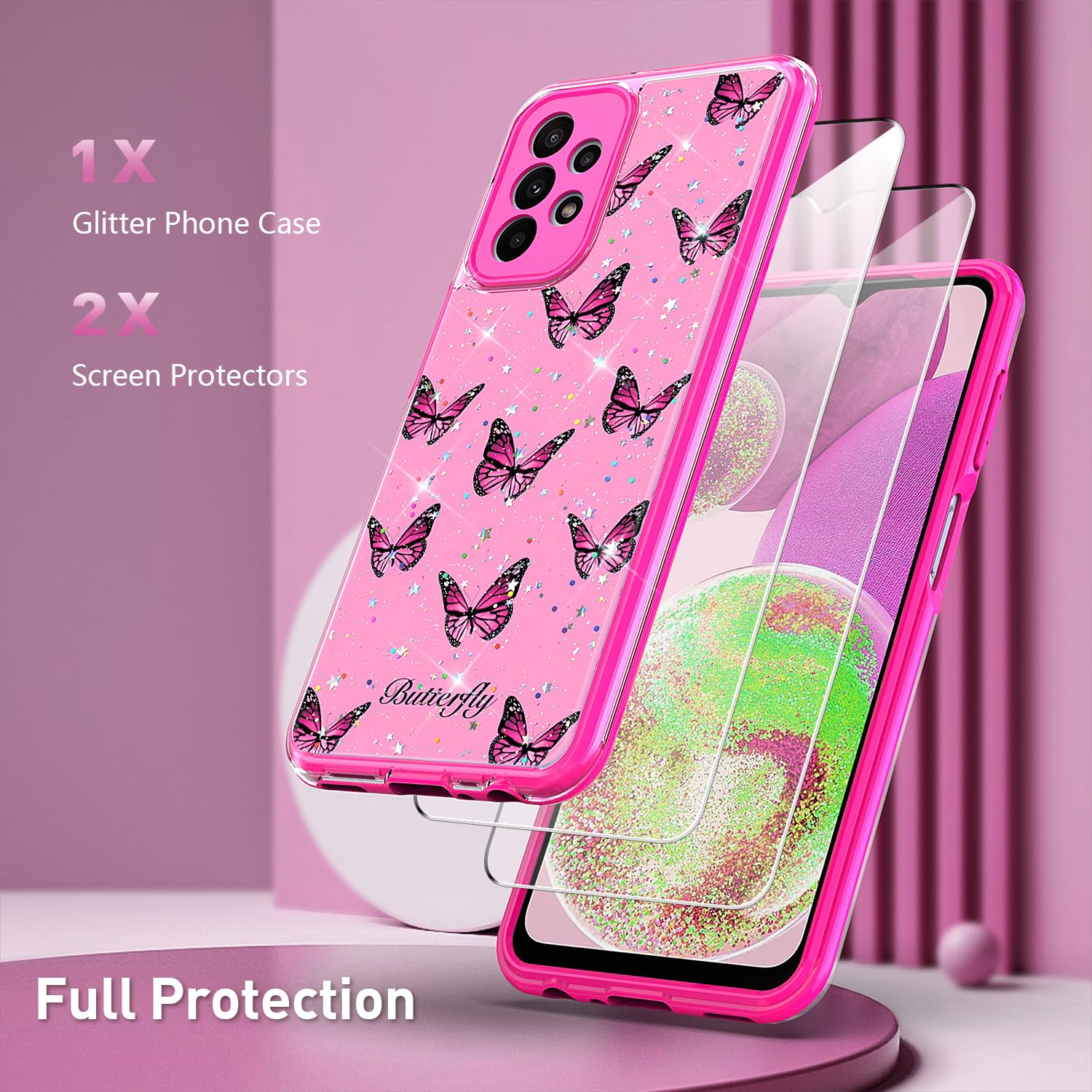 Samsung Galaxy A23 5G Case with Screen Protector [2 Pack] - Cute Glitter Butterfly Design, Slim Soft TPU Shockproof Bumper & Hard Back Cover for Women & Girls (Pink) - Perfect for Everyday Use, School, Work, and Travel Protection