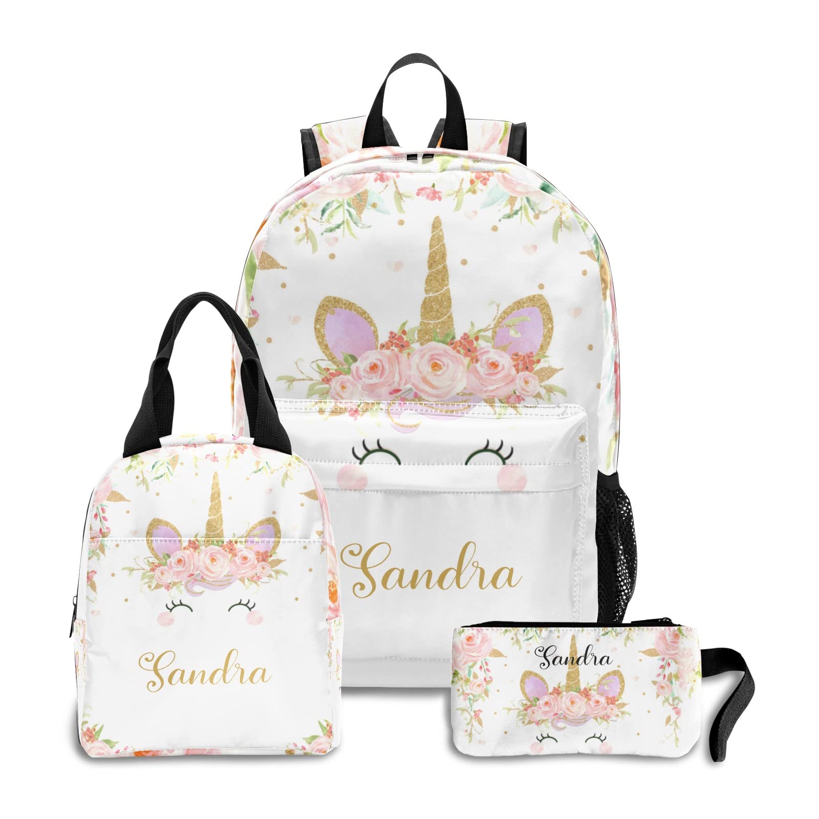Personalized Name Teen School Backpack - Unicorn Themed Bookbag Set with Insulated Lunch Tote & Pencil Case | Durable Travel Bag for Girls | Perfect for School, College, Travel & Daily Use