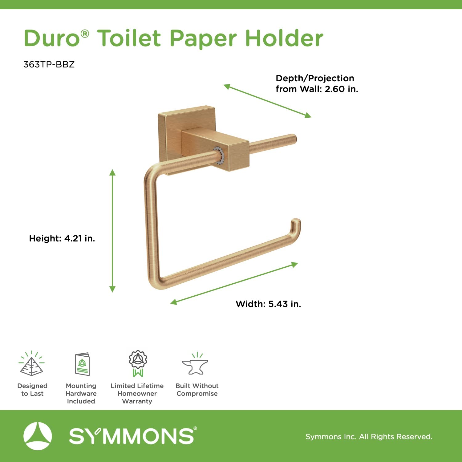 Symmons 363TP-BBZ Brushed Bronze Wall-Mounted Toilet Paper Holder - Durable Bathroom Tissue Dispenser for Home, Hotel & Commercial Use