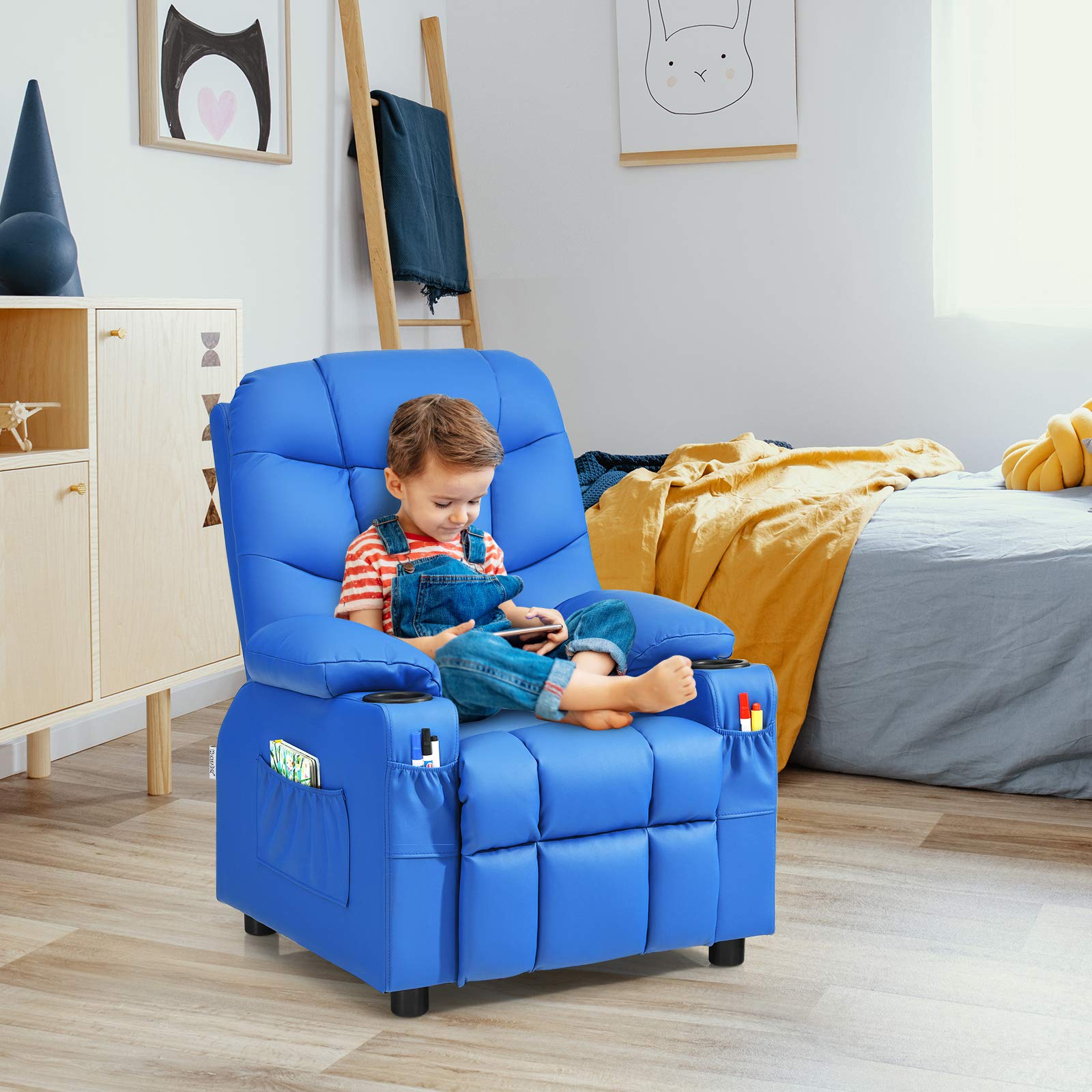 Kids Recliner Chair with 2 Cup Holders & 3 Pockets - Adjustable PU Leather Toddler Sofa for Boys Girls Age 3+ (Blue) - Perfect for Playroom, Bedroom, Movie Nights & Relaxation