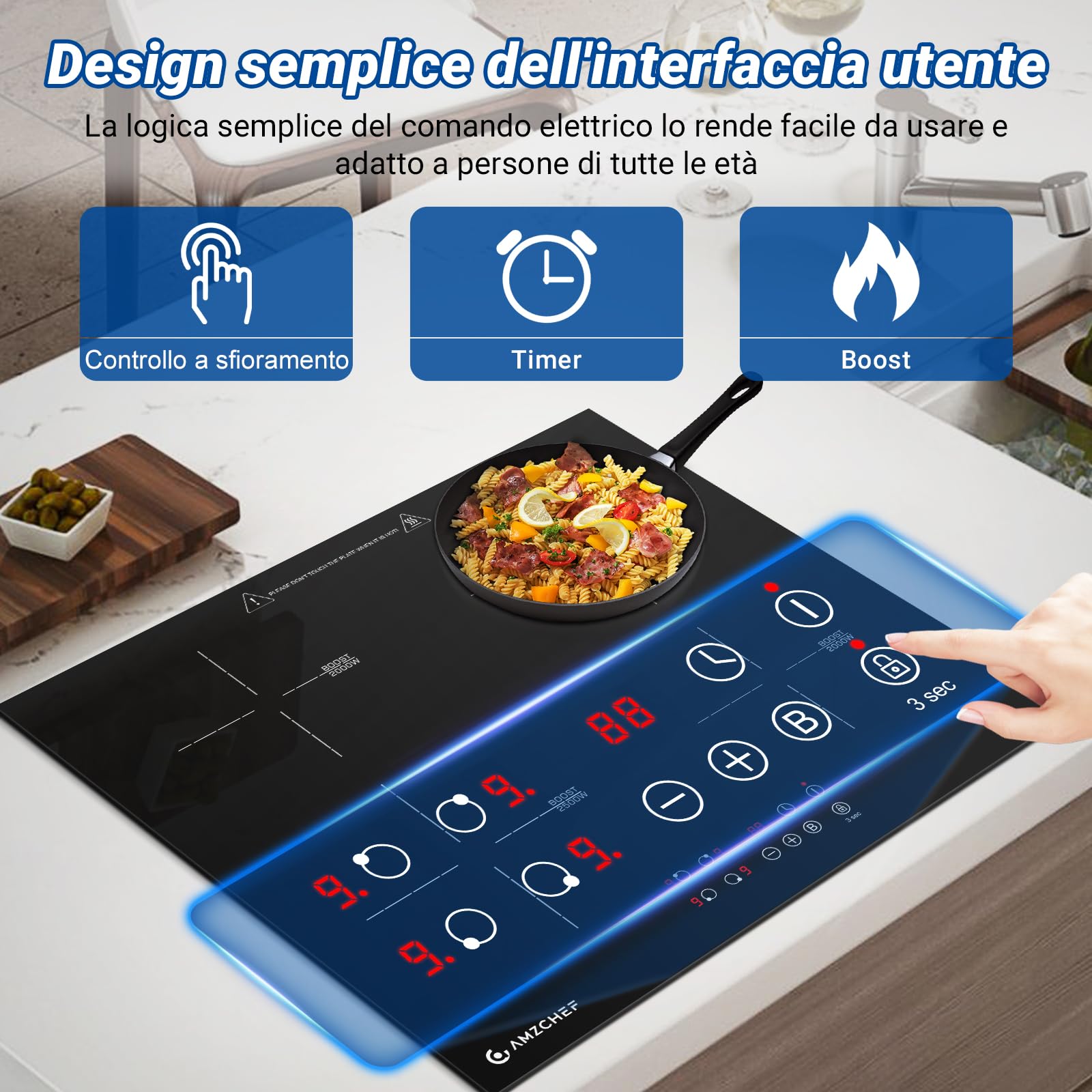 AMZCHEF 60cm 4-Burner Induction Cooktop with Boost Function, 9 Power Levels, Safety Lock, Touch Control, Timer - 7200W for Fast & Efficient Cooking - Perfect for Home Kitchens, Restaurants & Outdoor Use