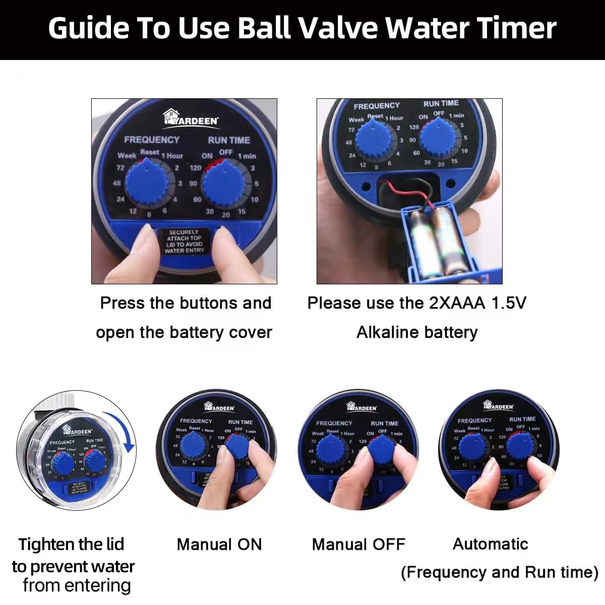 Water Timer Electronic Hose Sprinkler - No Water Pressure Required, Two Dial Garden Irrigation Controller for Lawns, Flower Beds & Vegetable Gardens