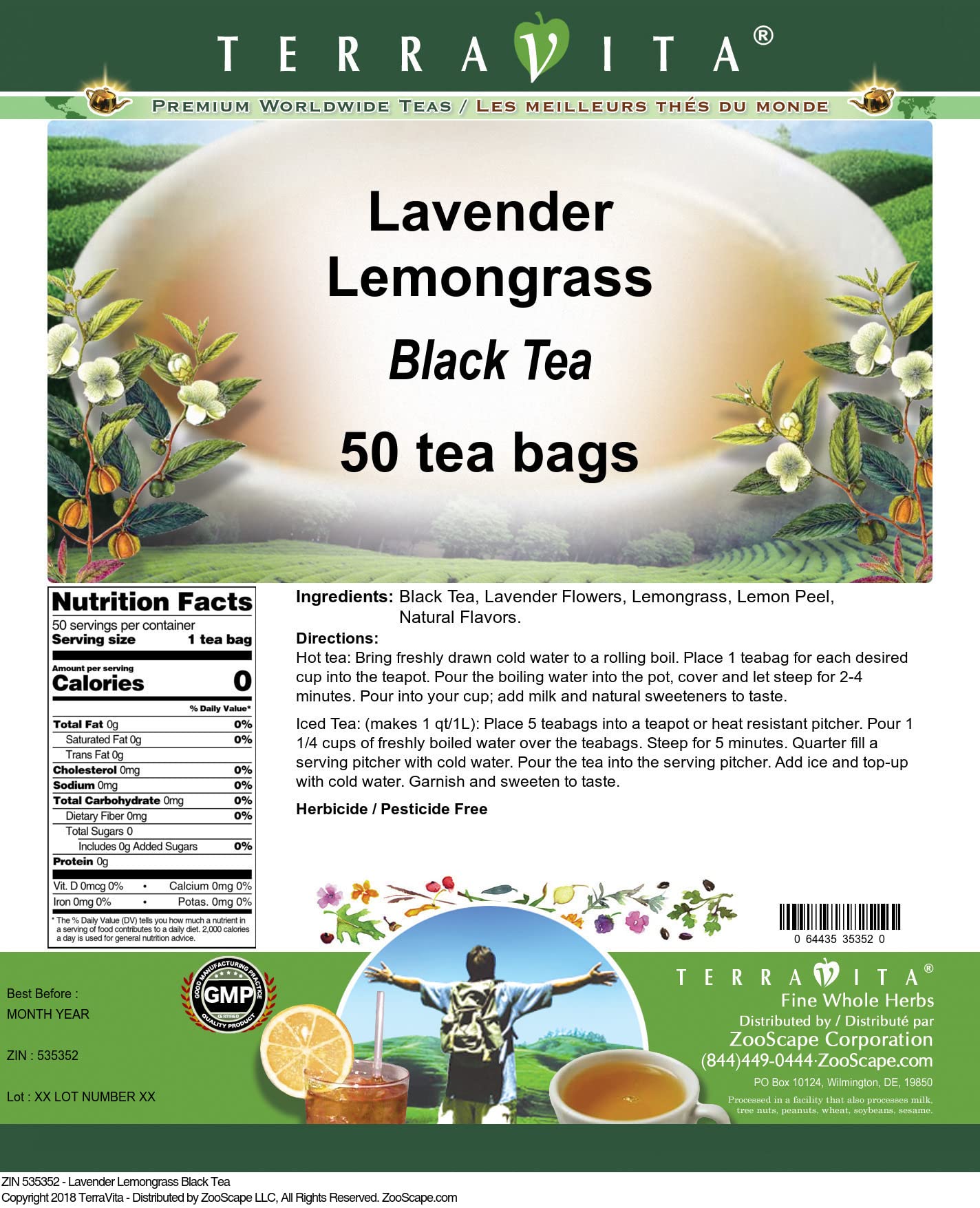 Organic Lavender Lemongrass Black Tea Bags - 50 Count, Caffeine-Free Herbal Tea Blend for Relaxation & Stress Relief - Perfect for Afternoon Tea Time, Yoga Meditation & Bedtime Soothing