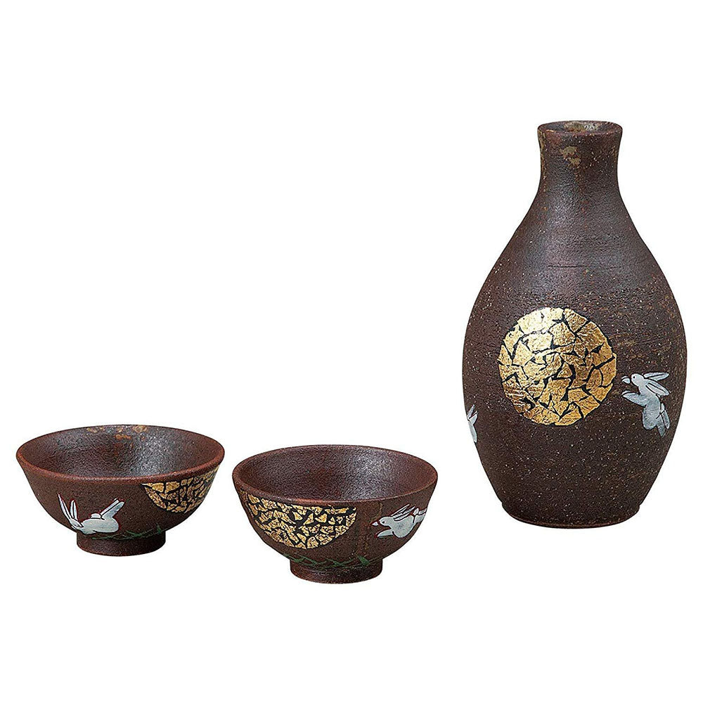 Authentic Japanese Kutani Ware Moon Rabbit Sake Set - Hand-Painted Ceramic Sake Bottle & Cups - Perfect for Japanese Tea Ceremonies, Gift Giving & Home Decor