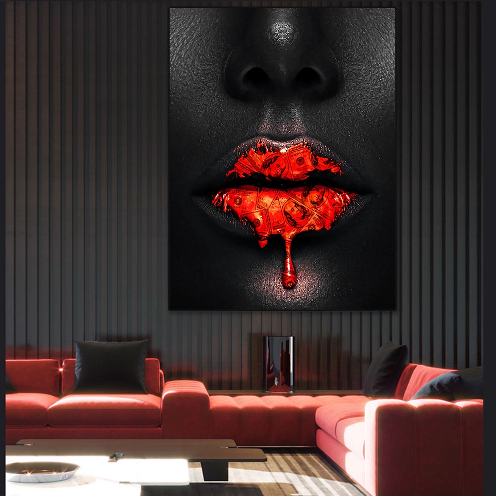 Black Women Red Lips Art - Dripping & Seductive Canvas Wall Decor - Perfect for Living Room, Bedroom & Office Aesthetic
