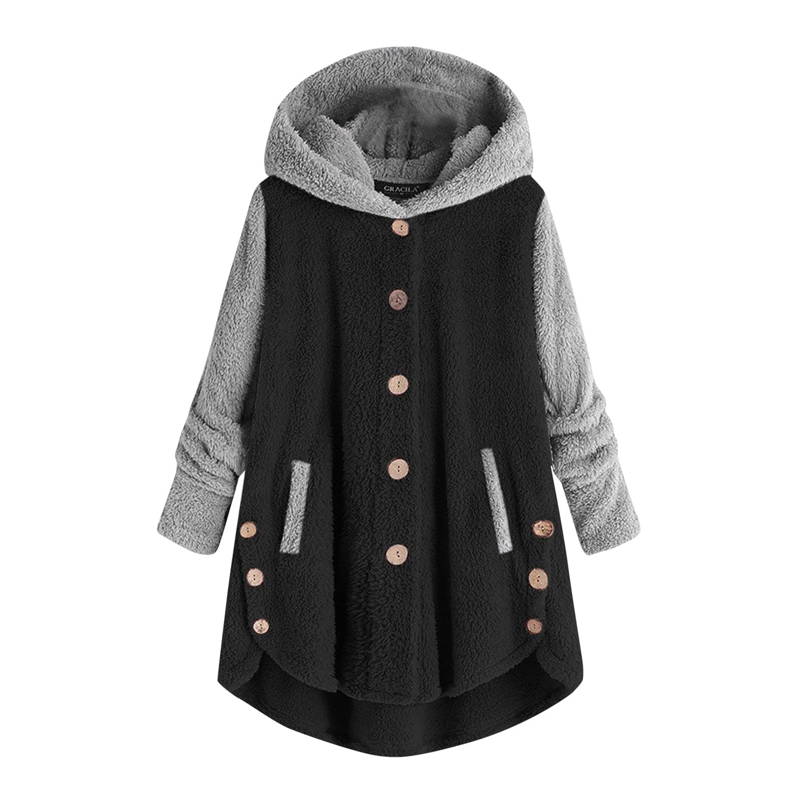 Women's Casual Button Patchwork Hooded Fleece Jacket with Pockets & Ruffle Detail - Loose Fit Cozy Outerwear for Fall & Winter | Perfect for Purdue Campus, Daily Wear & Outdoor Activities