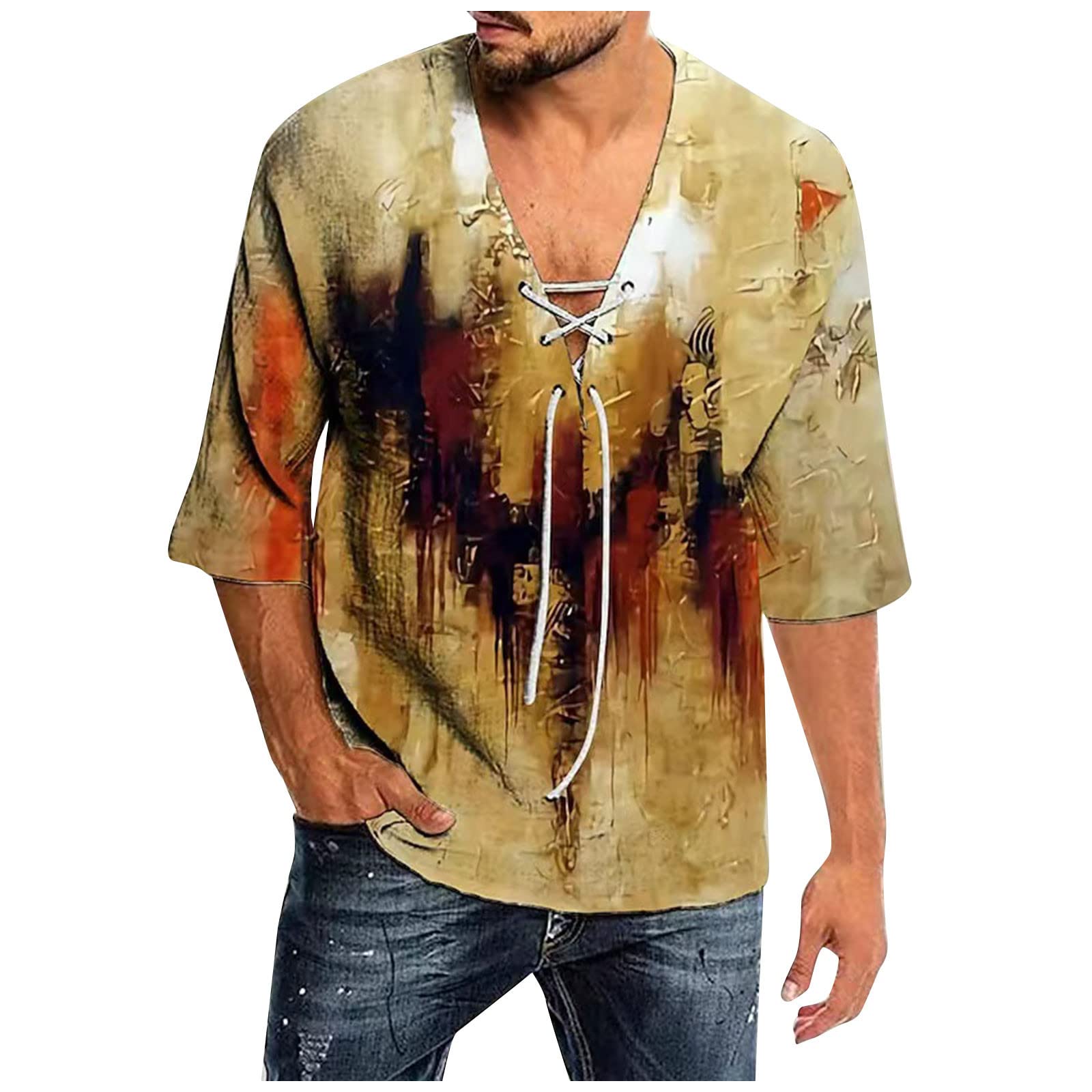 LOOKAA Men's Linen Shirts - Breathable Half Sleeve Graphic Tees with V-Neck, Cotton Linen Blend Casual Shirts for Summer, Workout & Outdoor Activities