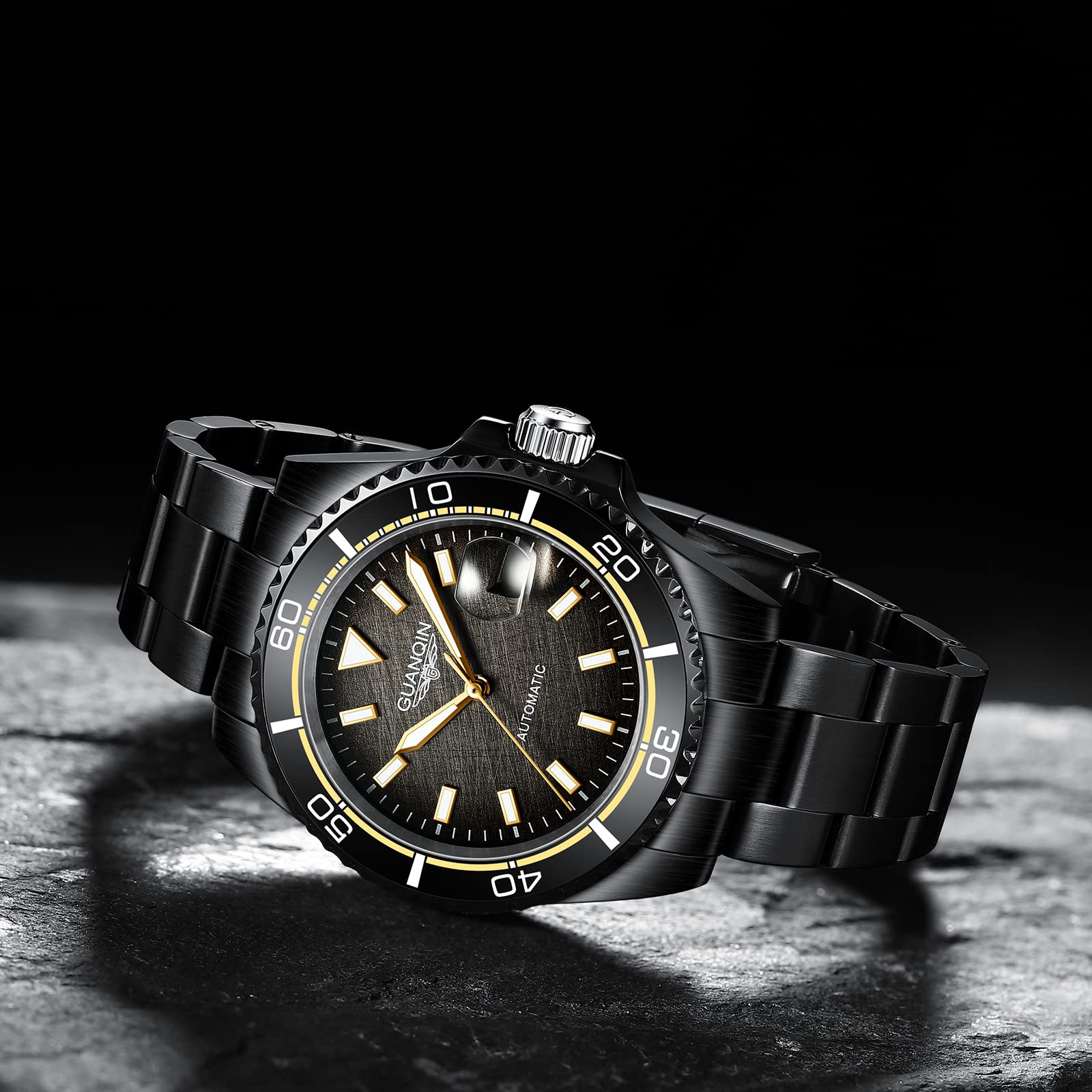 Guanqin Men's Automatic Mechanical Watch - Ceramic Bezel, Stainless Steel Case, Granite Dial - Business, Formal & Sports Watch for Office, Wedding & Outdoor Activities