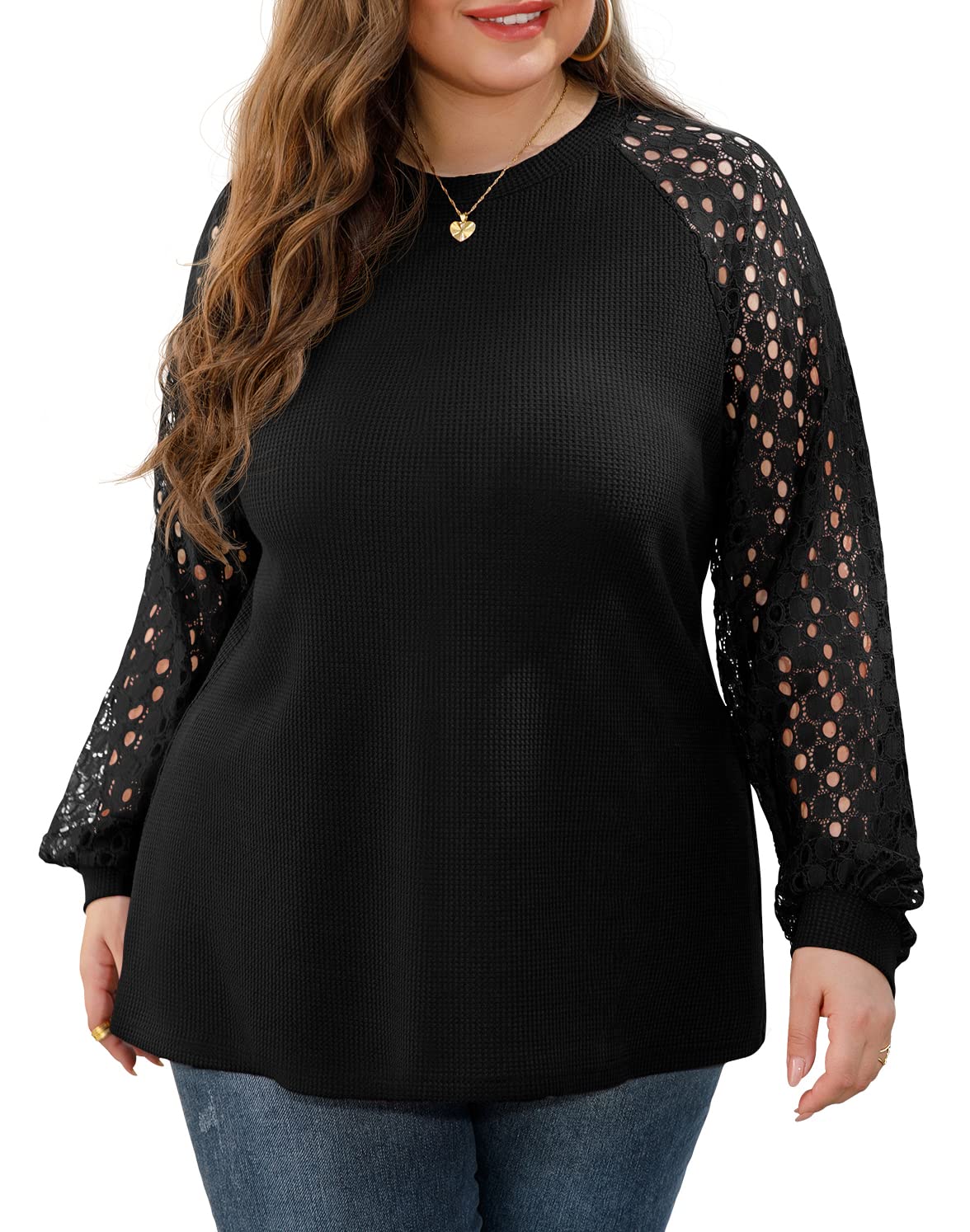OLRIK Plus Size Women's Lace Sleeve Blouse - Waffle Knit Long & Short Sleeve Tops for Casual Wear & Office Outfits