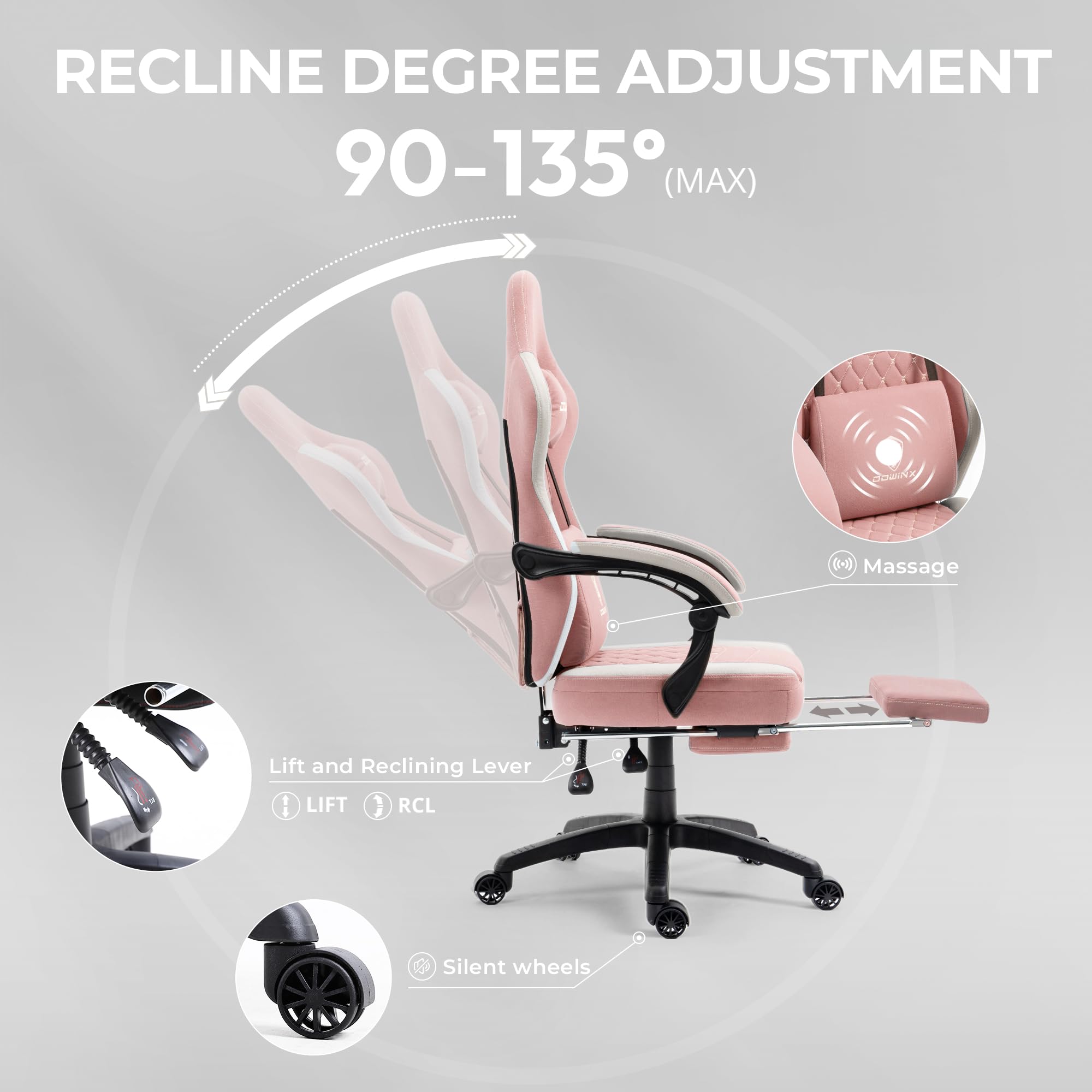 Dowinx Ergonomic Gaming Chair with Breathable Fabric & Pocket Spring Cushion - Comfortable Office Chair with Gel Seat Pad, Massage Function & Footrest - Pink Gaming Chair for Home & Office Use