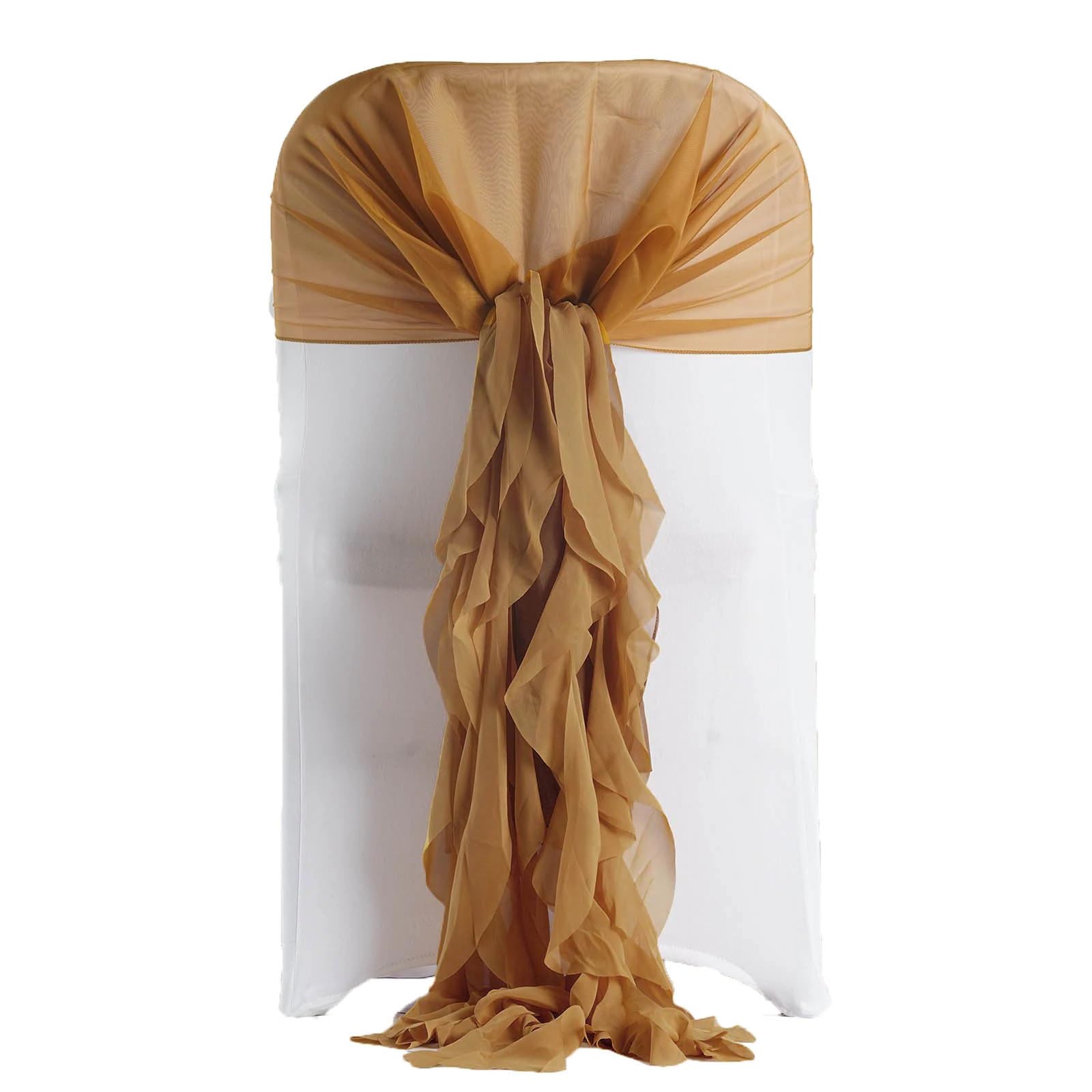 50 Gold Premium Curly Chiffon Chair Covers with Sashes - Elegant Wedding, Party & Ceremony Decorations - Perfect for Banquet Halls, Reception Decor, and Special Events