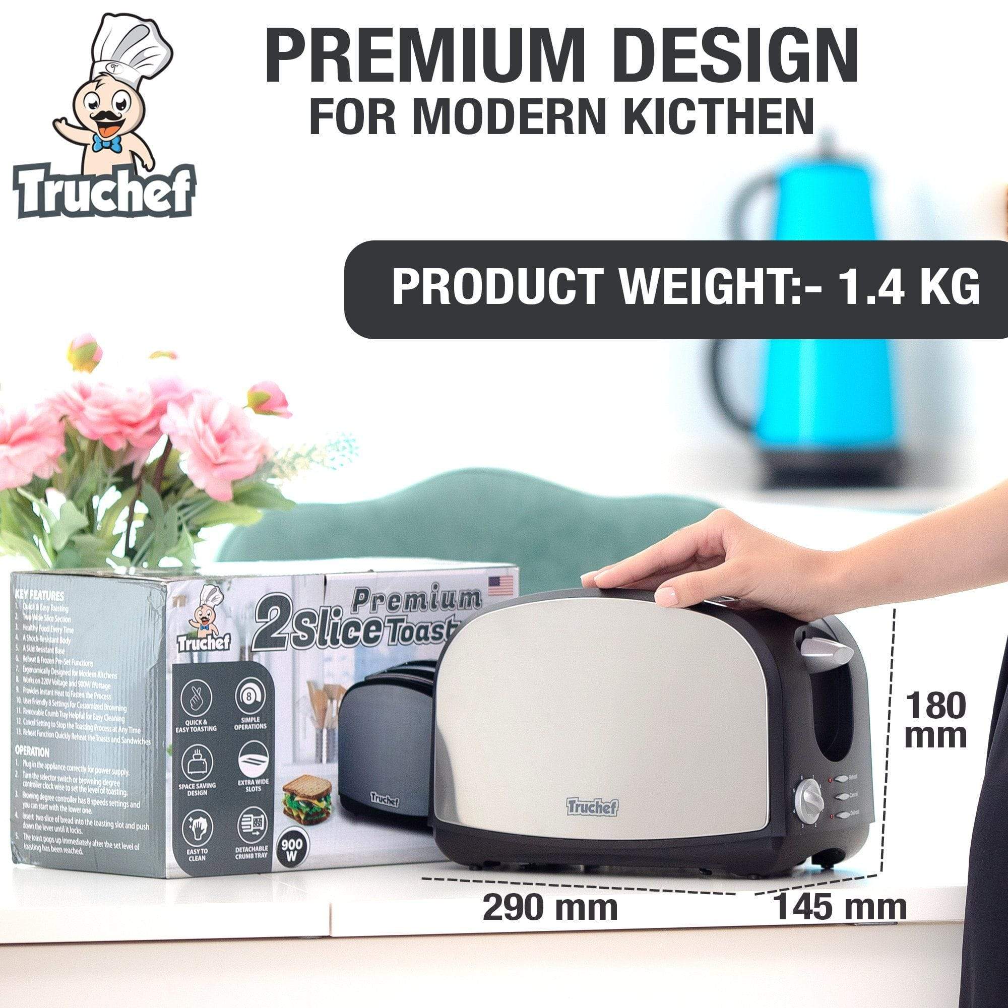 Truchef USA 4-Slice Toaster 5001 - Stainless Steel, Wide Slots, Bagel & Defrost Functions - Perfect for Breakfast, Office, and Dorm Room Use